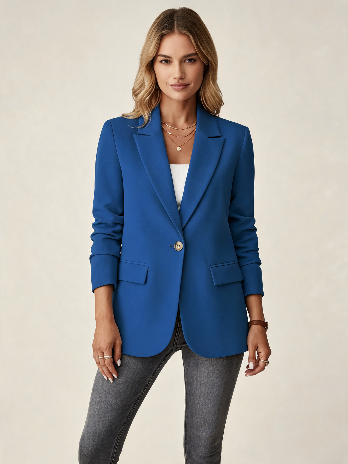 Cobalt Blue women's blazer three-quarter view