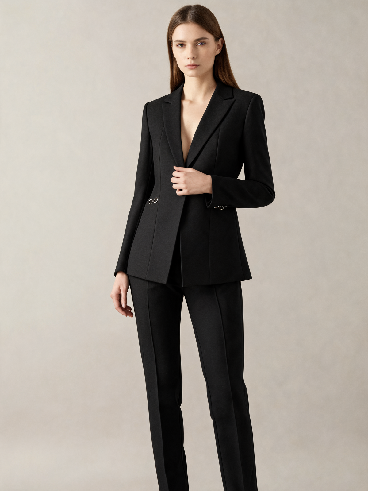 Black women's suit three-quarter view
