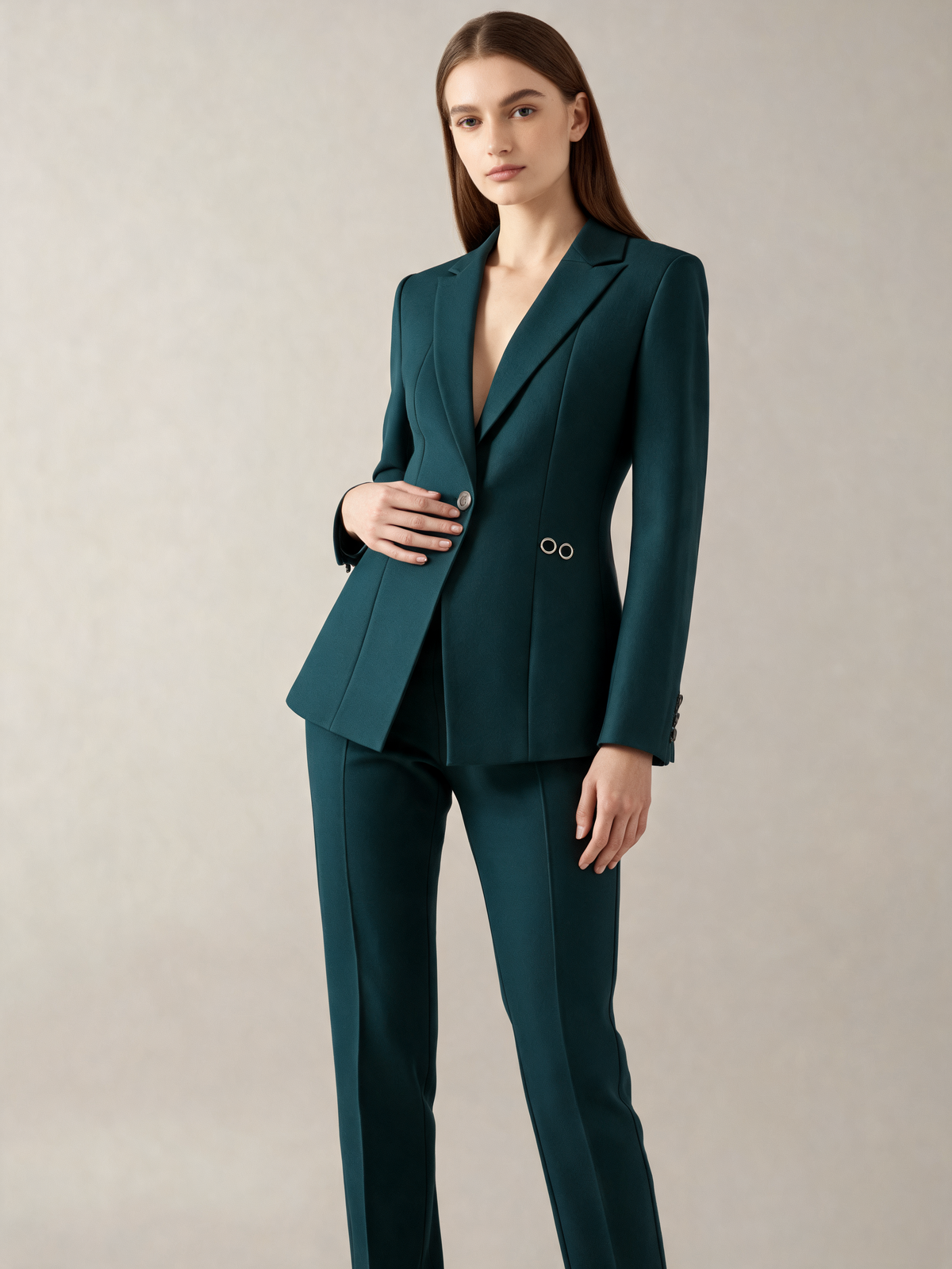 Dark Green women's suit three-quarter view