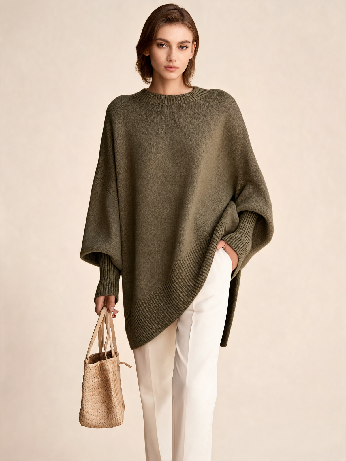 Olive women's jumper three-quarter view