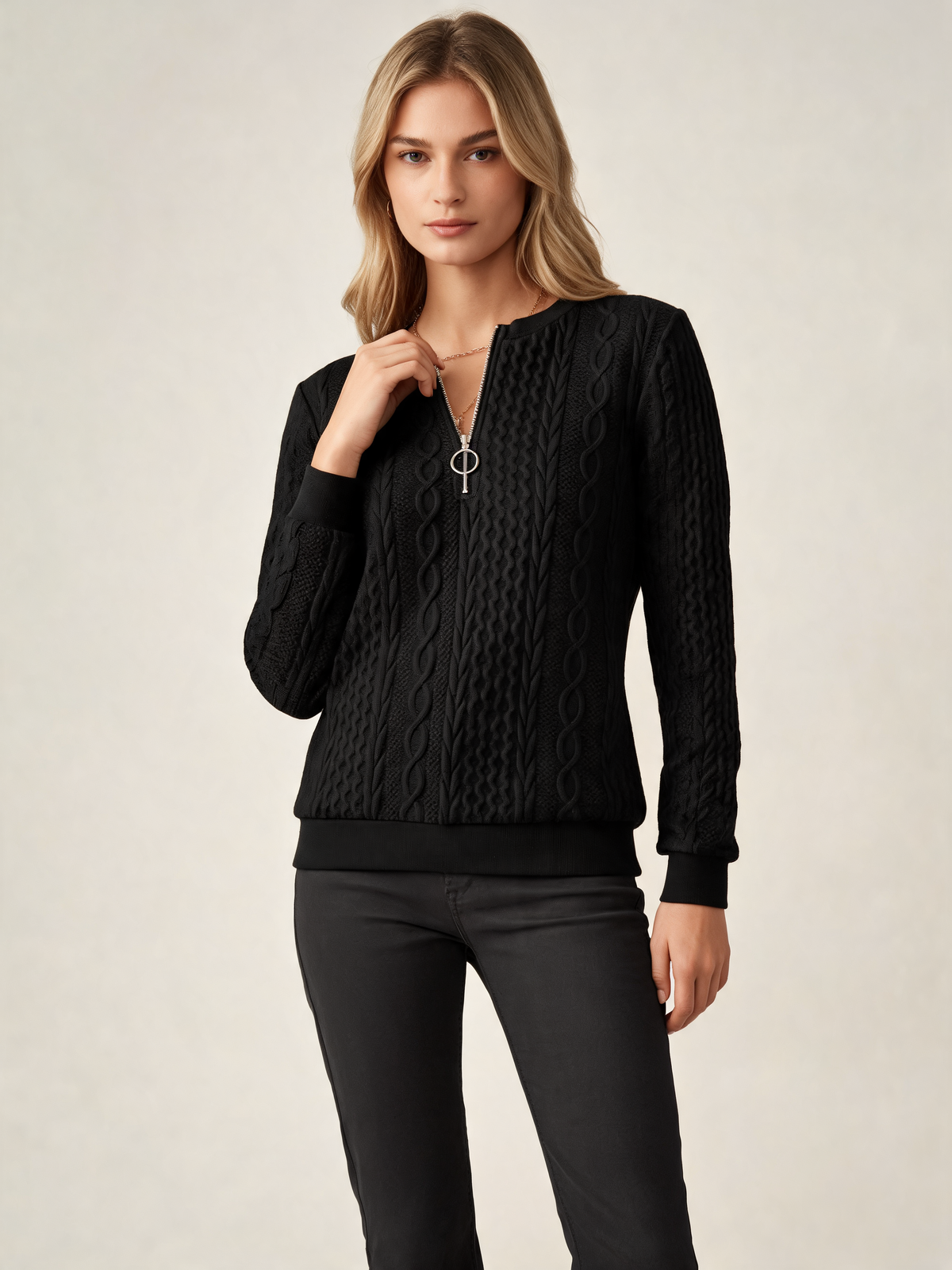 Black knitted jumper three-quarter view