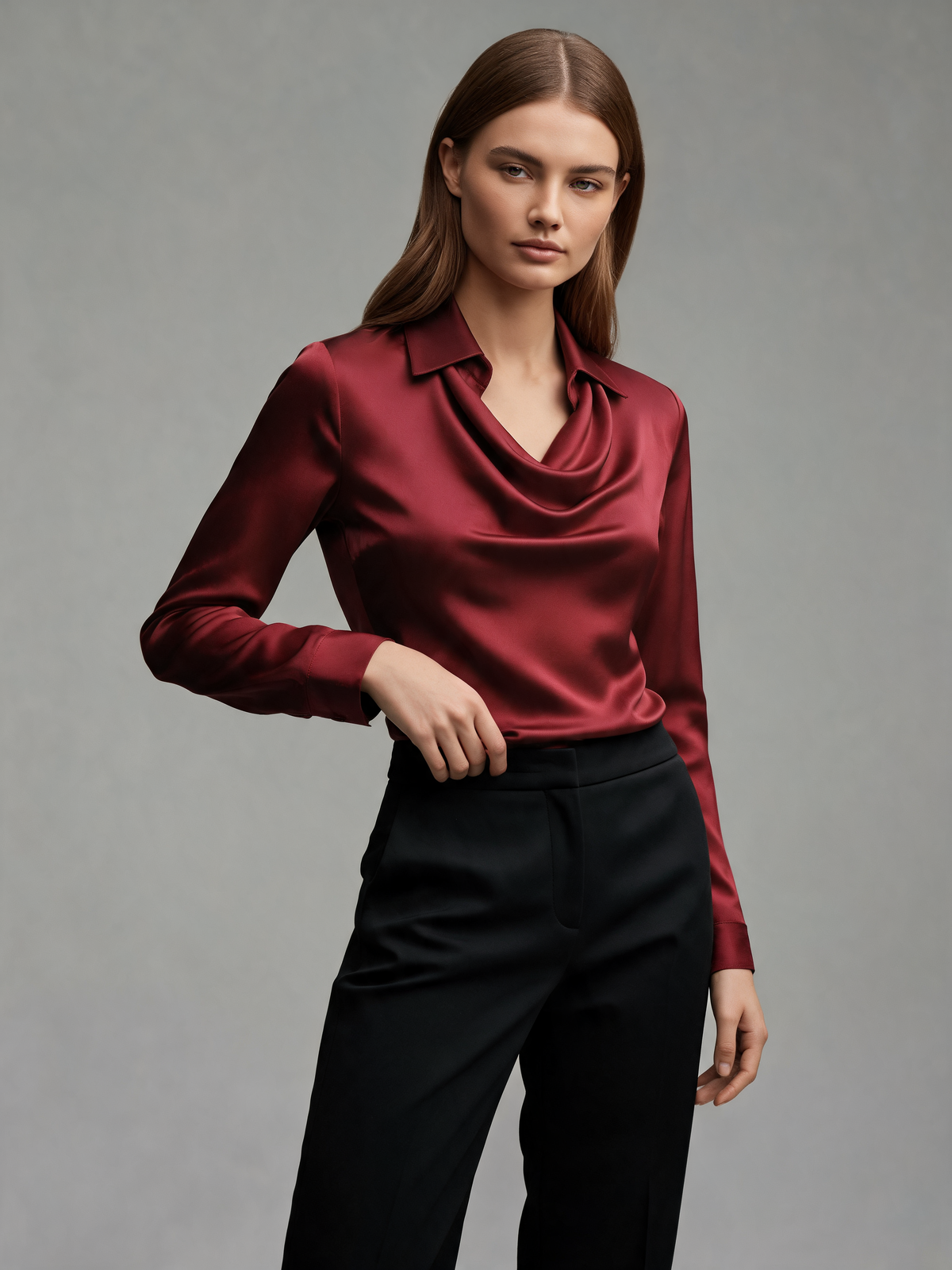 Burgundy blouse three-quarter view