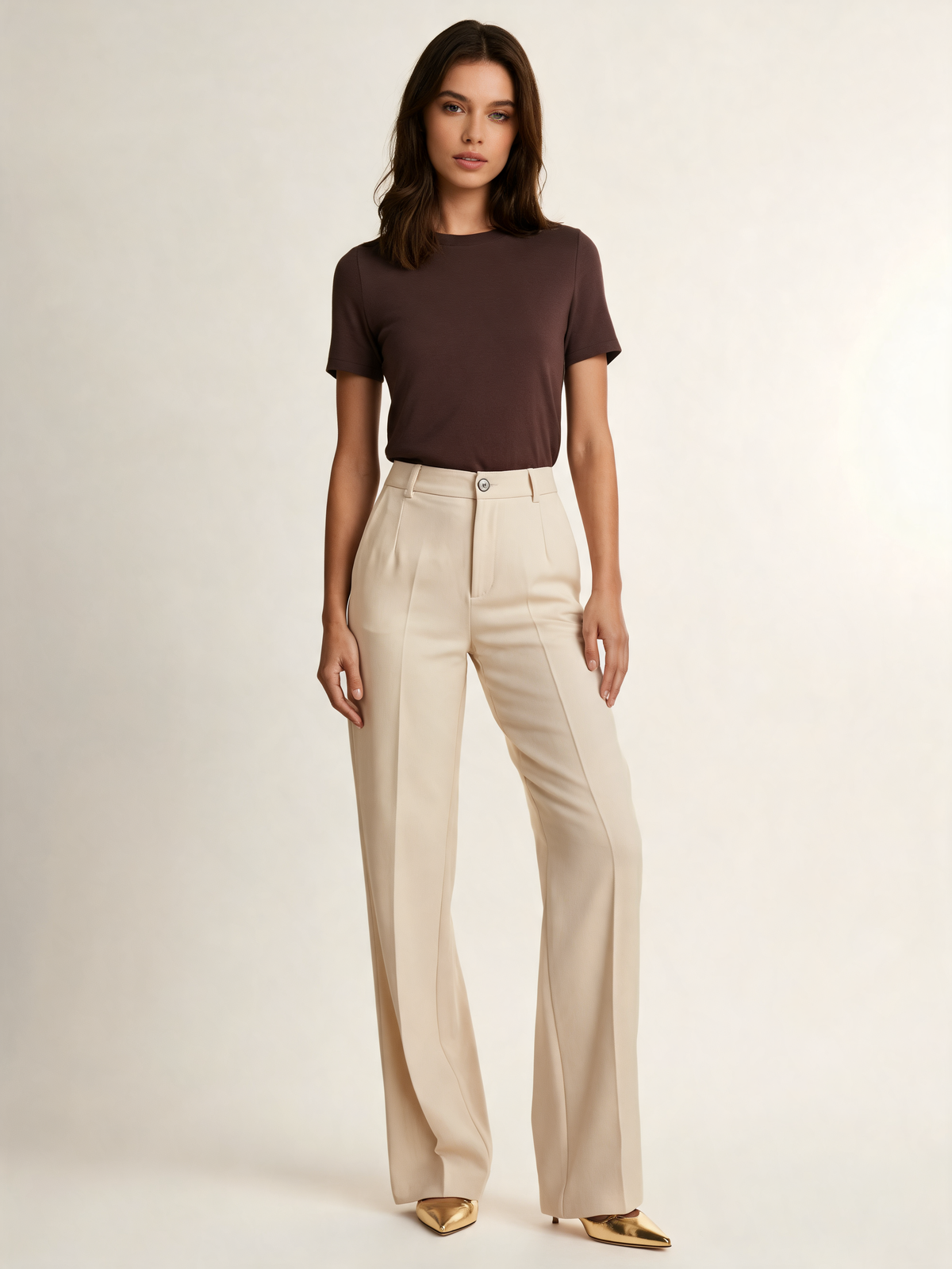 Cream wide leg trousers front view