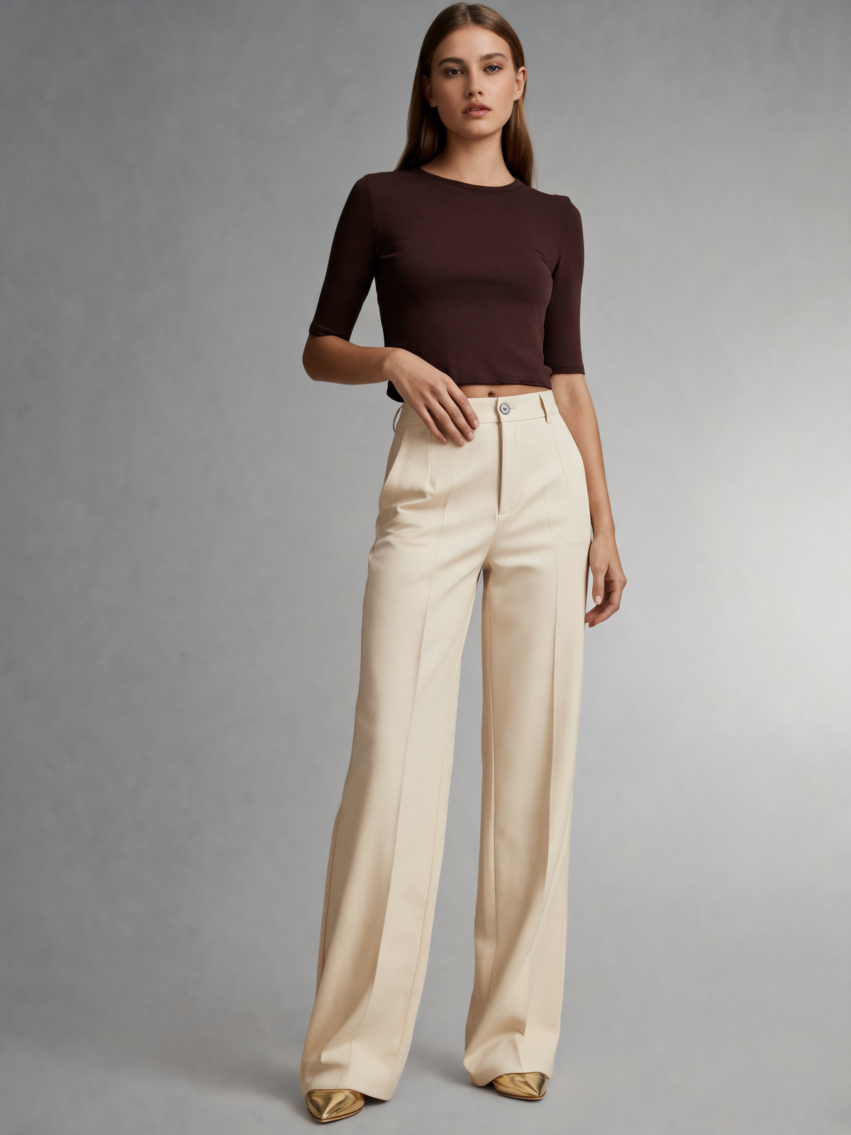 Cream wide leg trousers three-quarter view