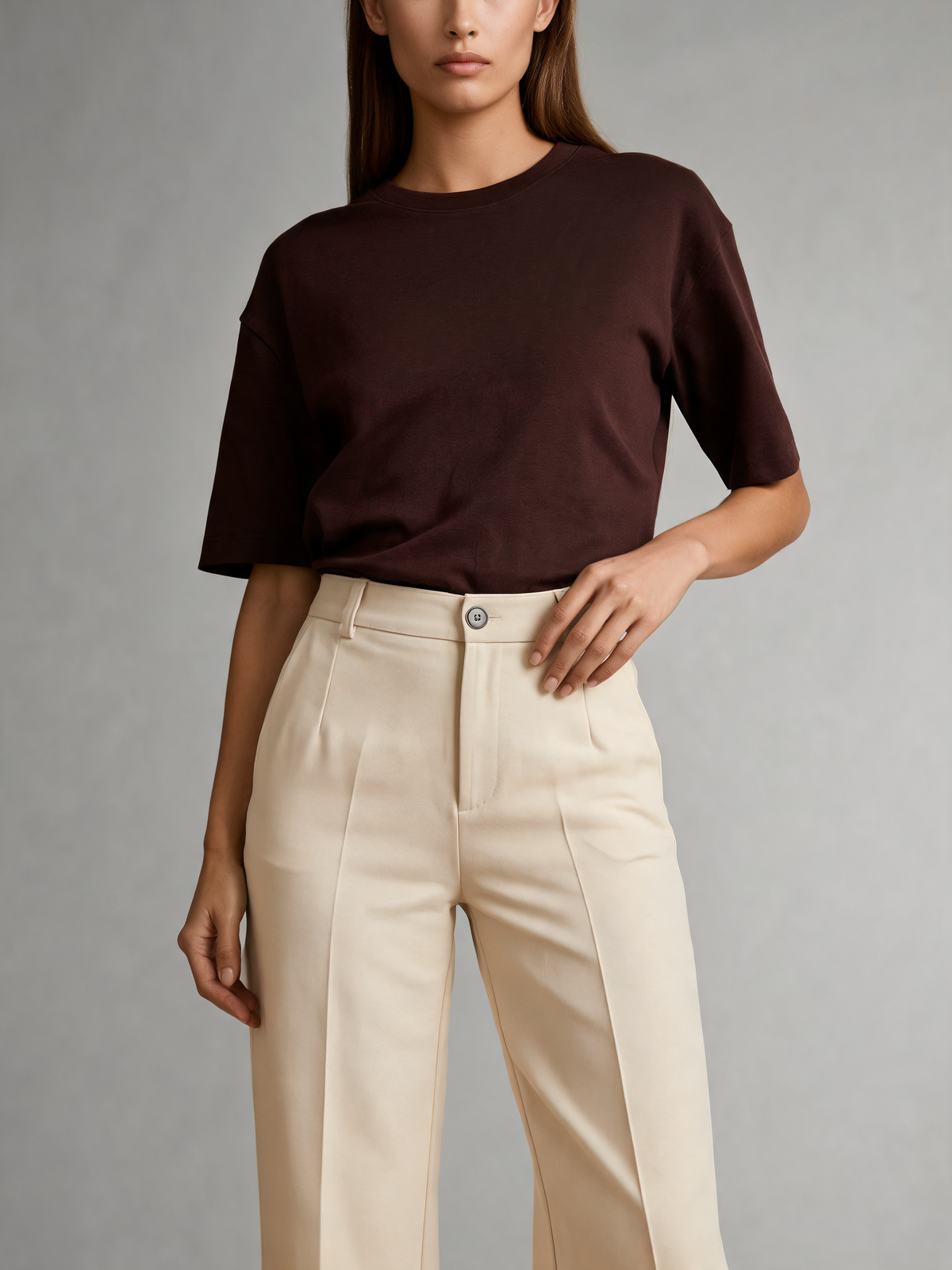 Cream wide leg trousers close-up