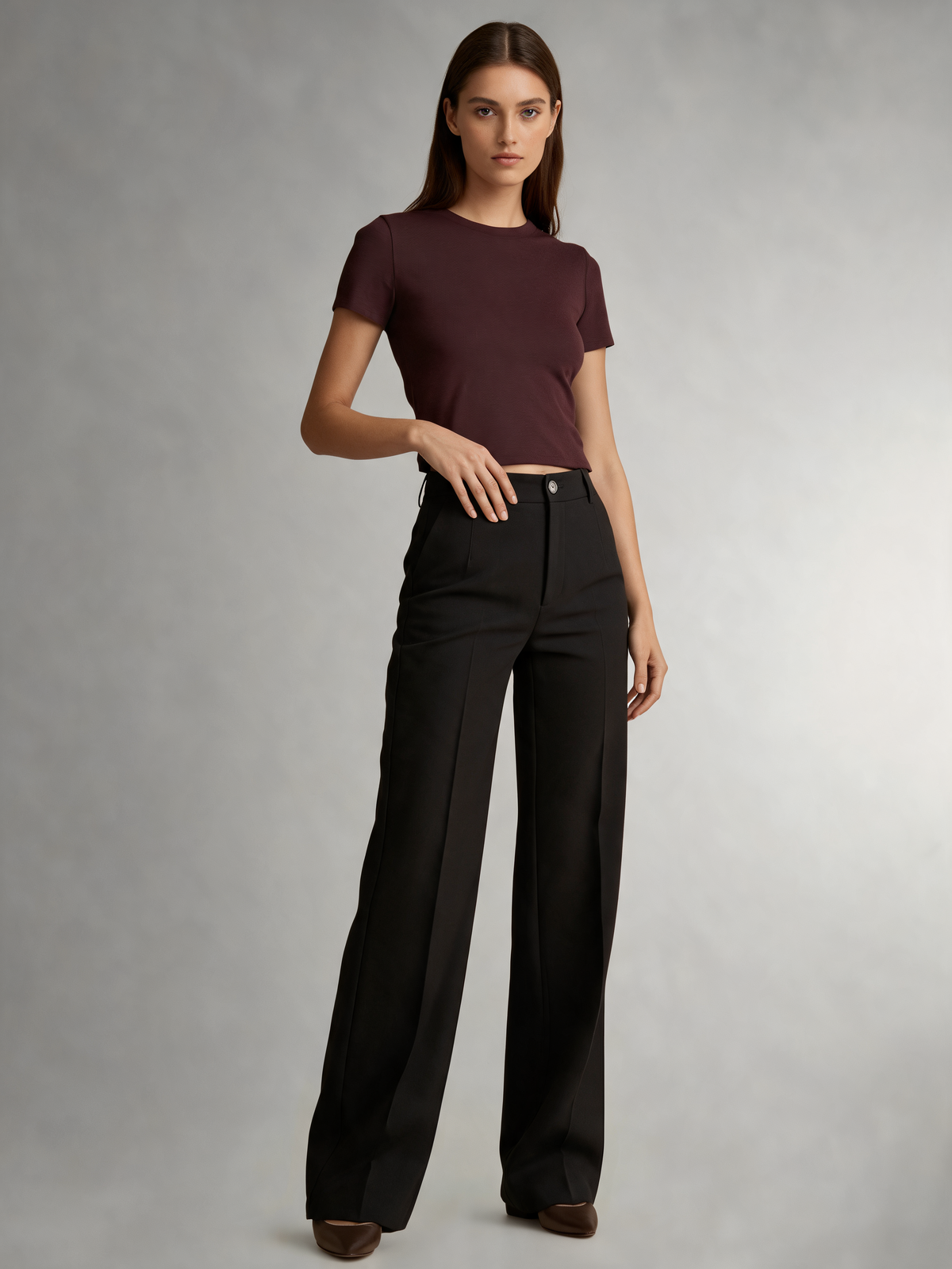 Black wide leg trousers three-quarter view