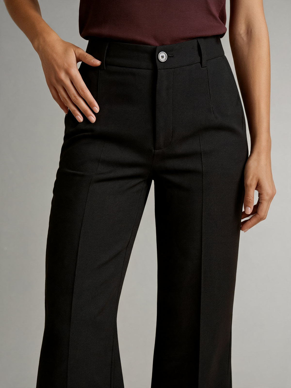 Black wide leg trousers close-up