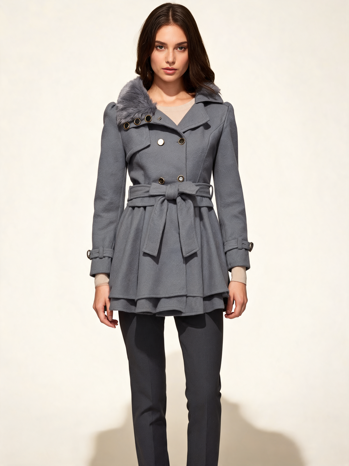 Grey winter coat with faux fur collar – front view