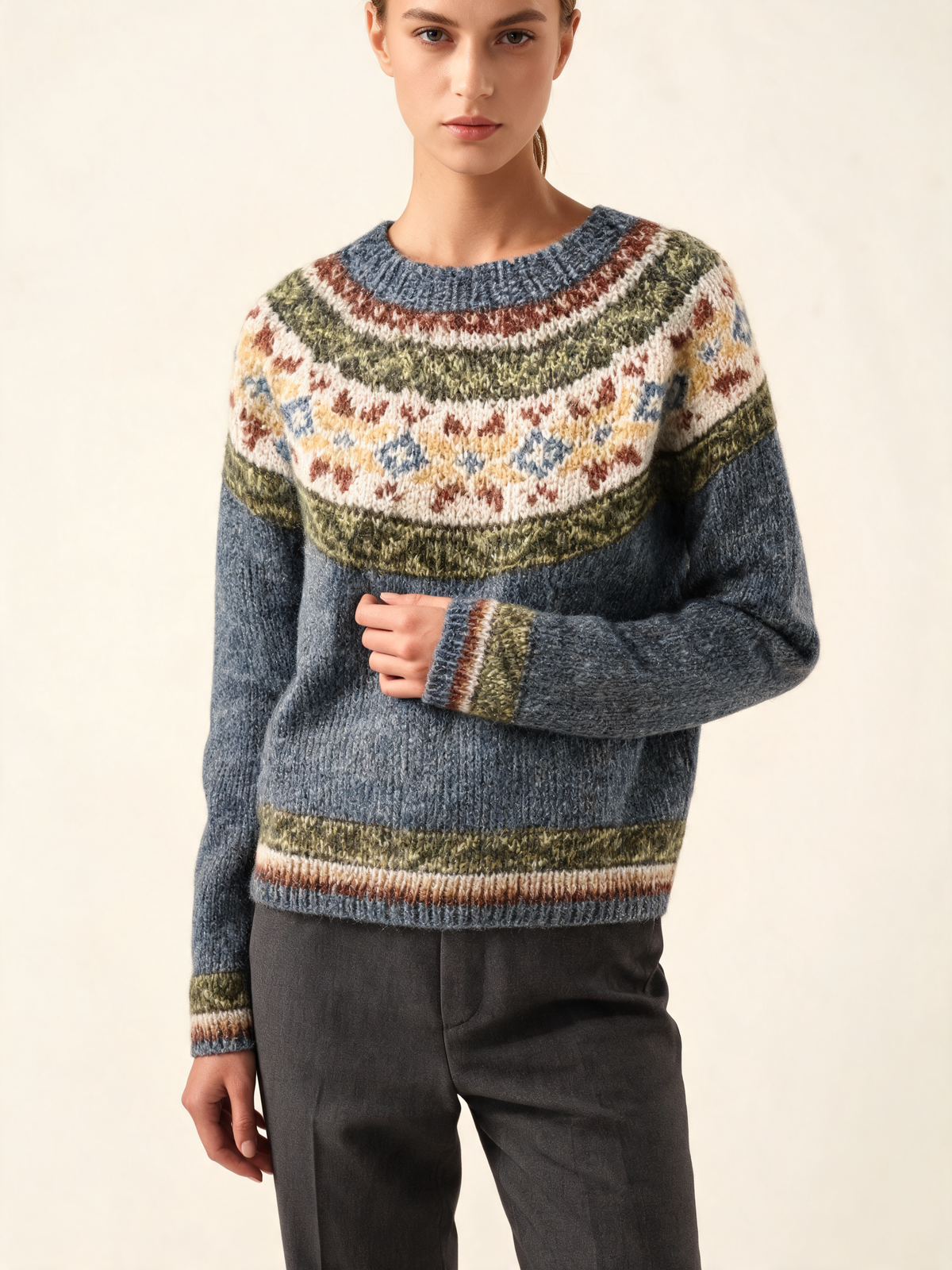 Blue grey Fair Isle jumper – close-up of patterned yoke