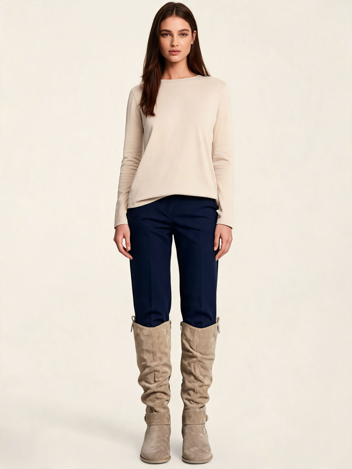Beige slouch knee high boots – front view