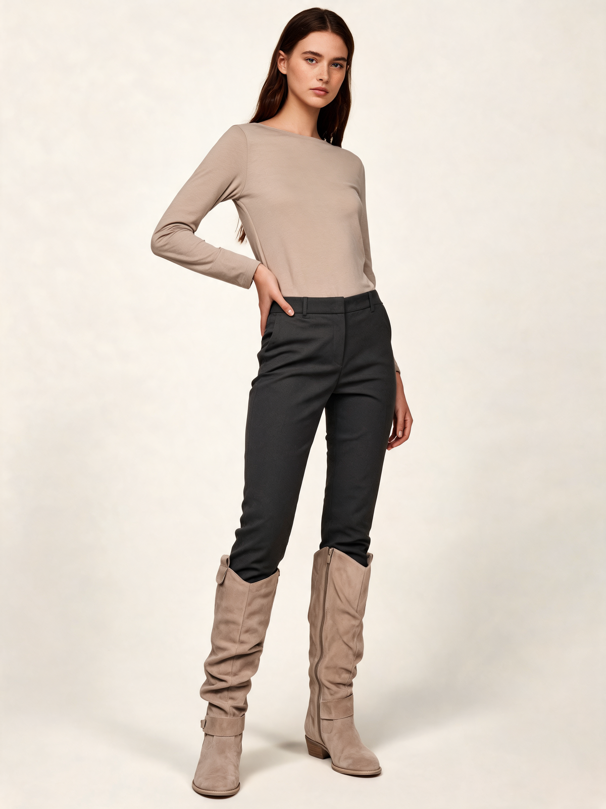 Beige slouch knee high boots – three-quarter view