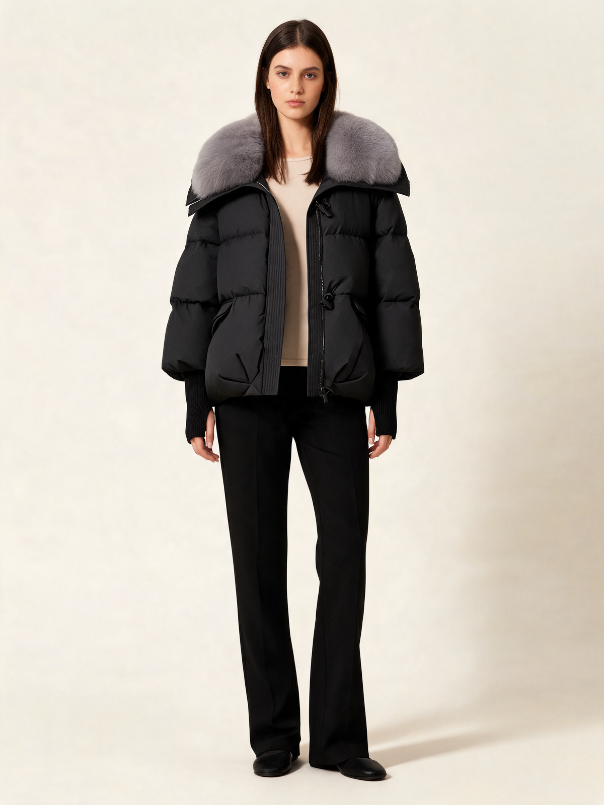 Black puffer jacket with grey faux fur collar – front view