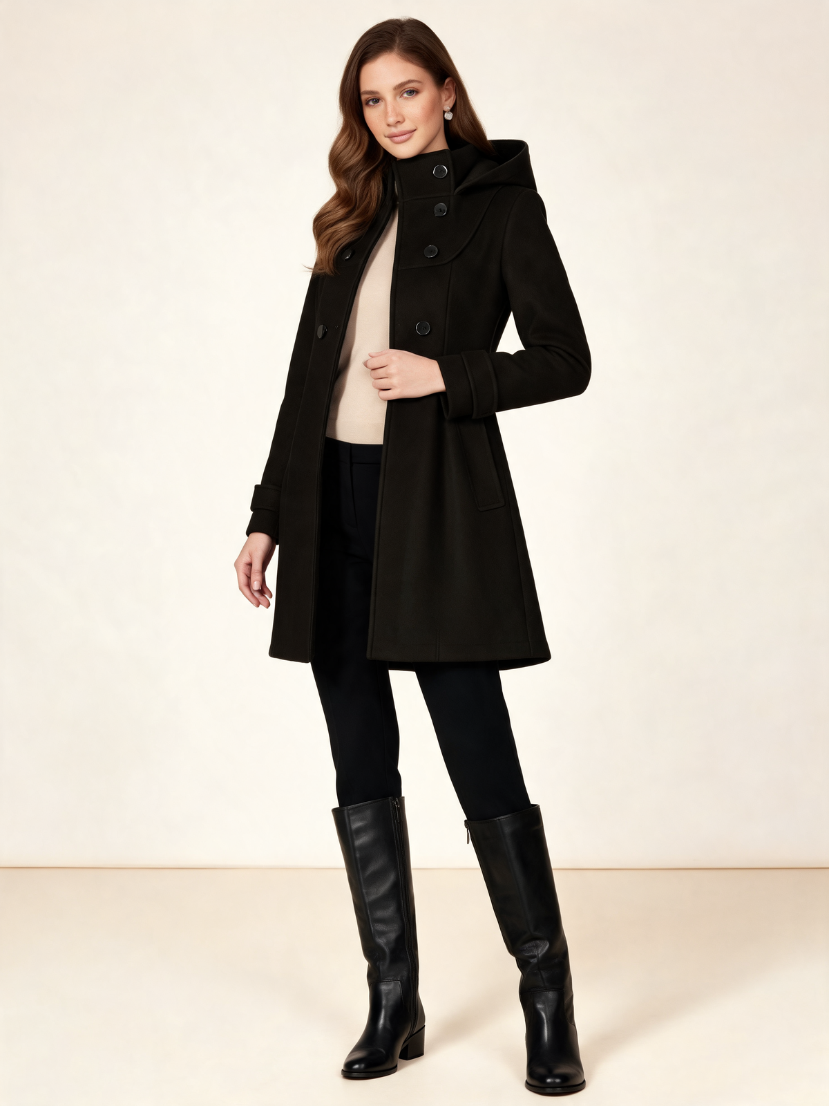 Black hooded winter coat – three-quarter view