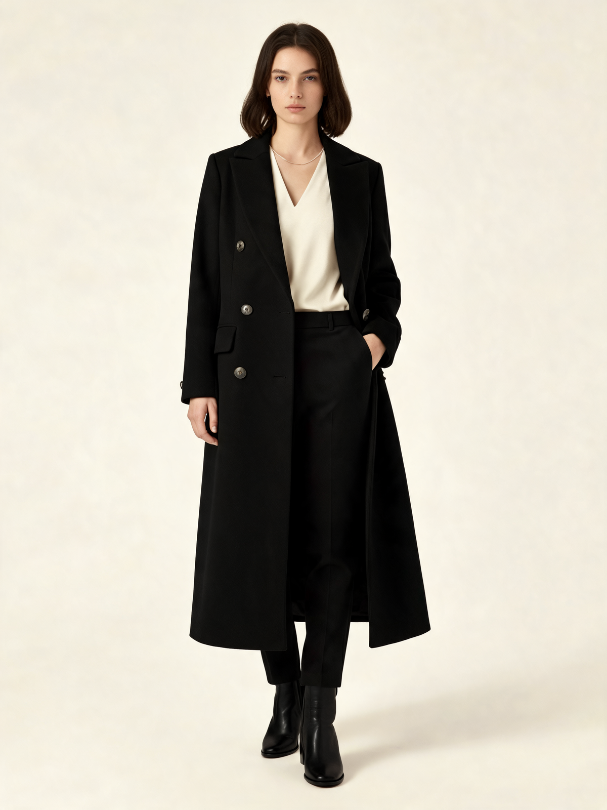 Black longline coat – front view