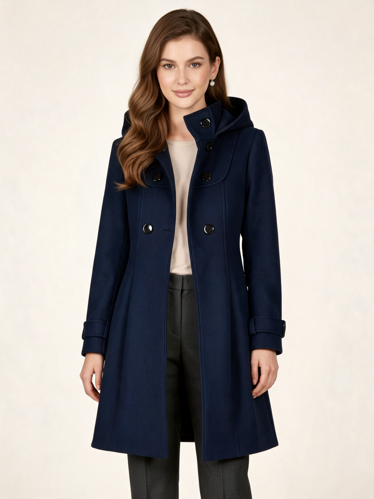Navy hooded winter coat – front view