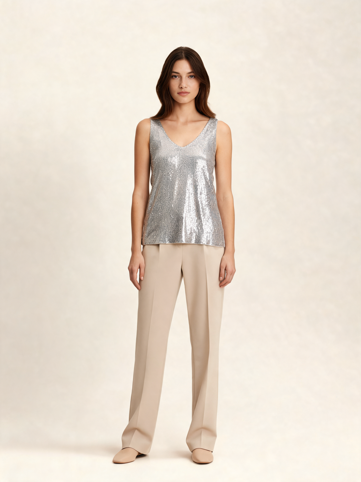 Silver sequin top – front view