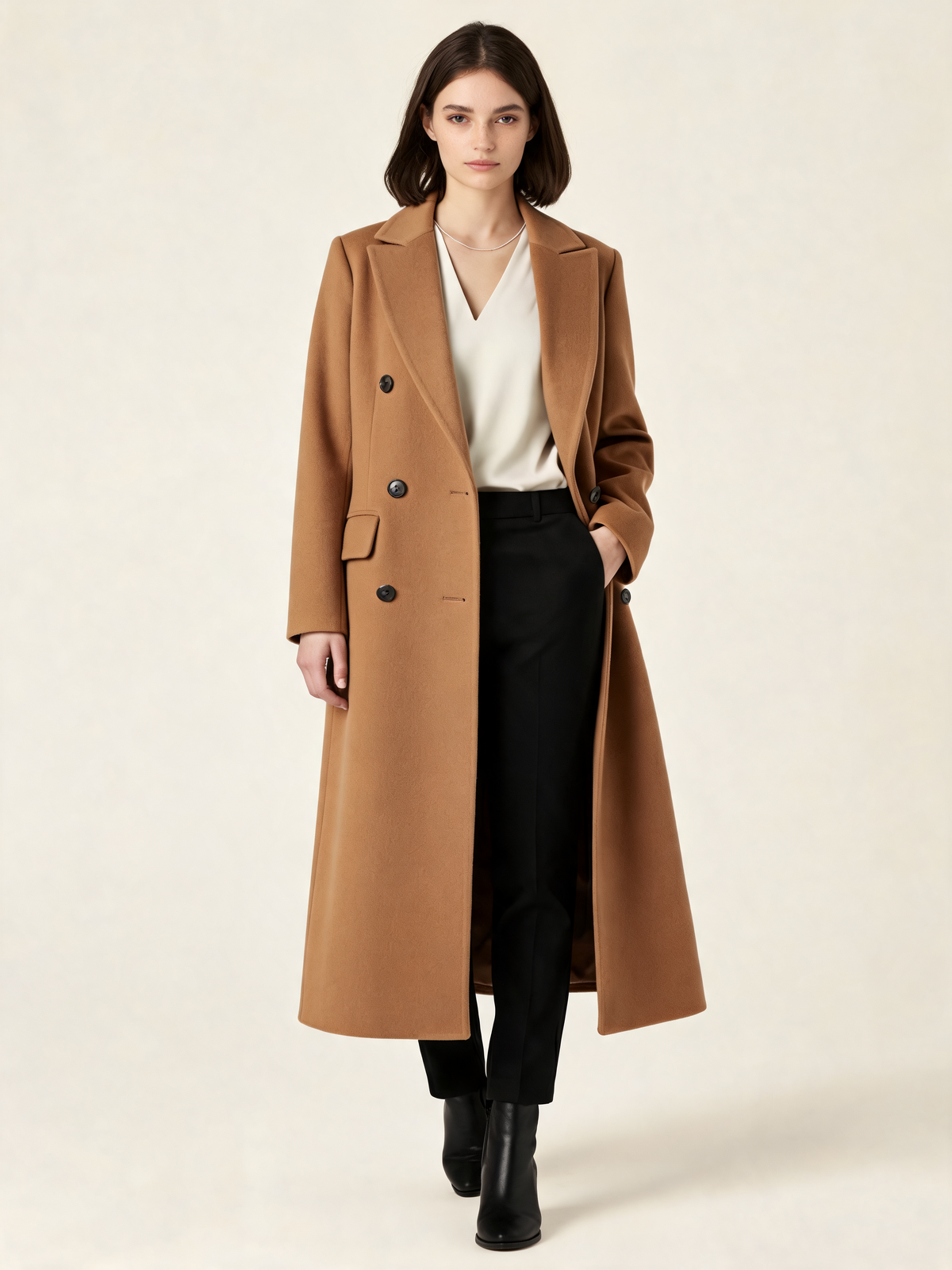 Camel longline coat – front view