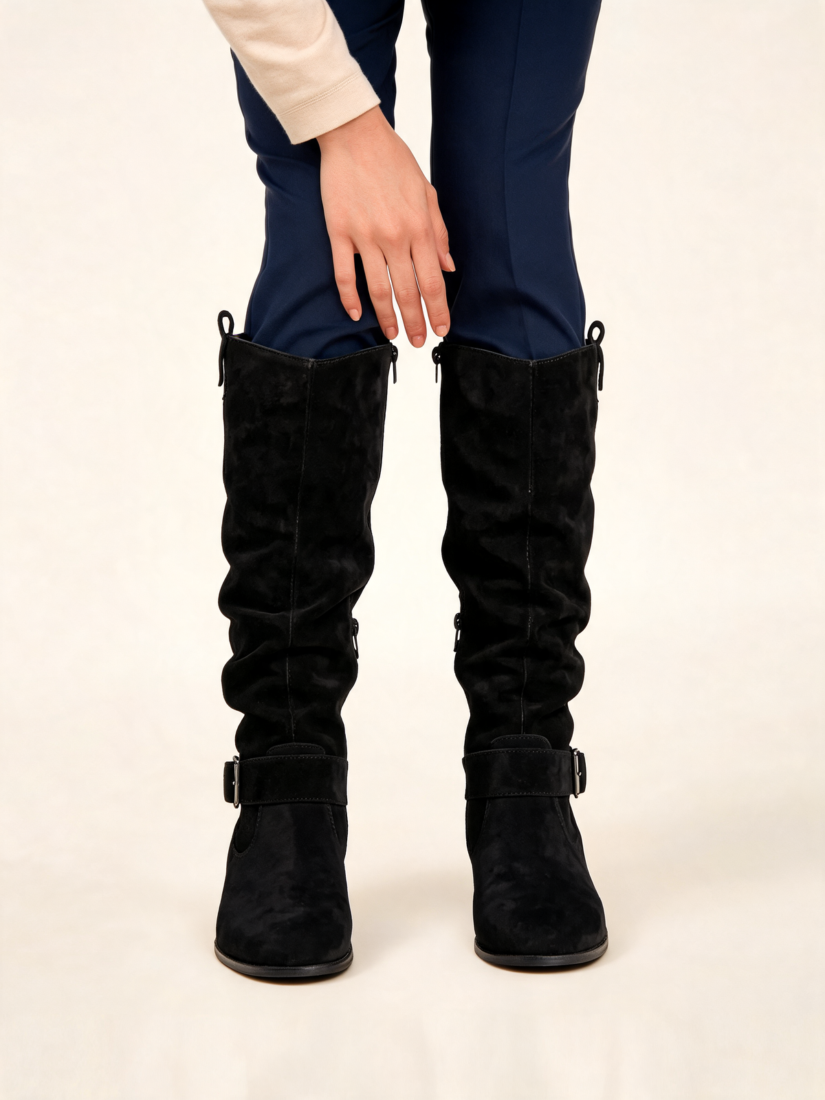 Black slouch knee high boots – close-up