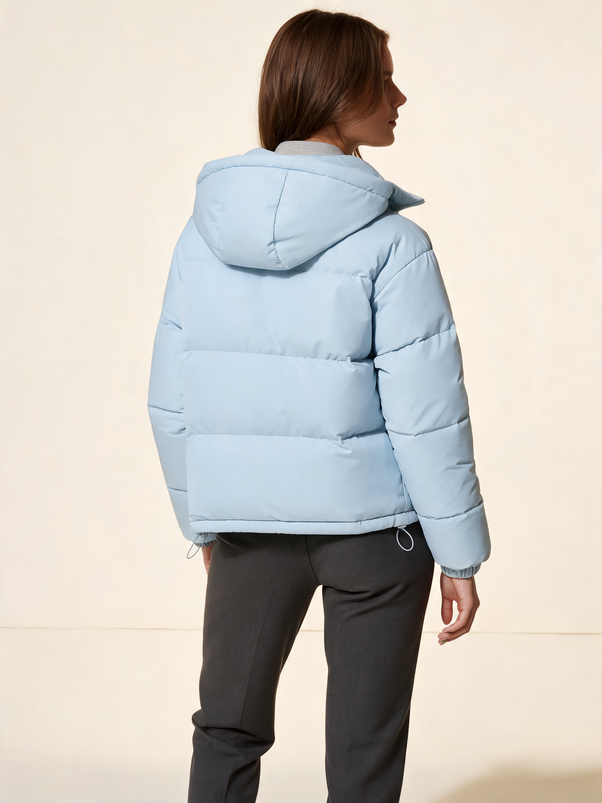 Light Blue hooded puffer jacket – back view