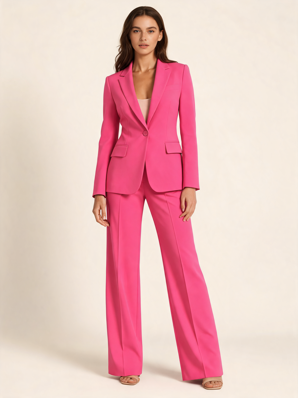 Pink trouser suit – front view