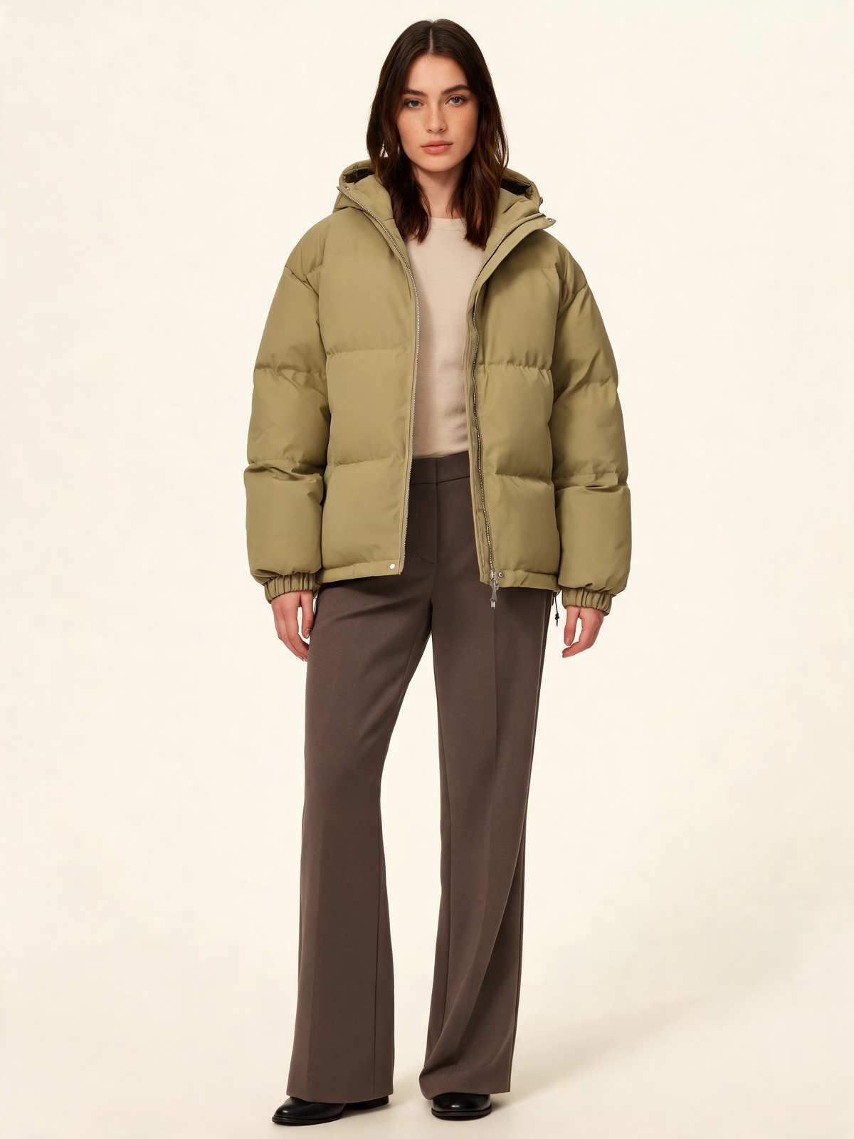 Khaki hooded puffer jacket – front view