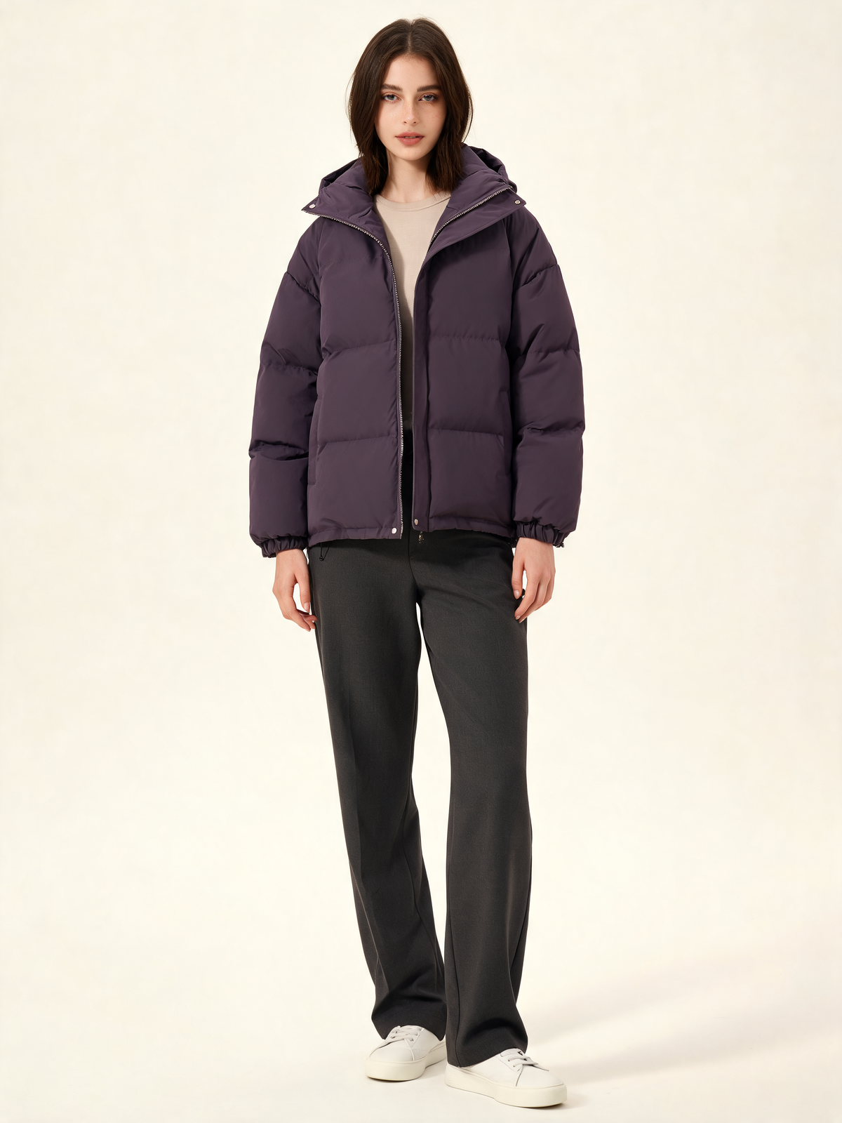 Purple hooded puffer jacket – front view