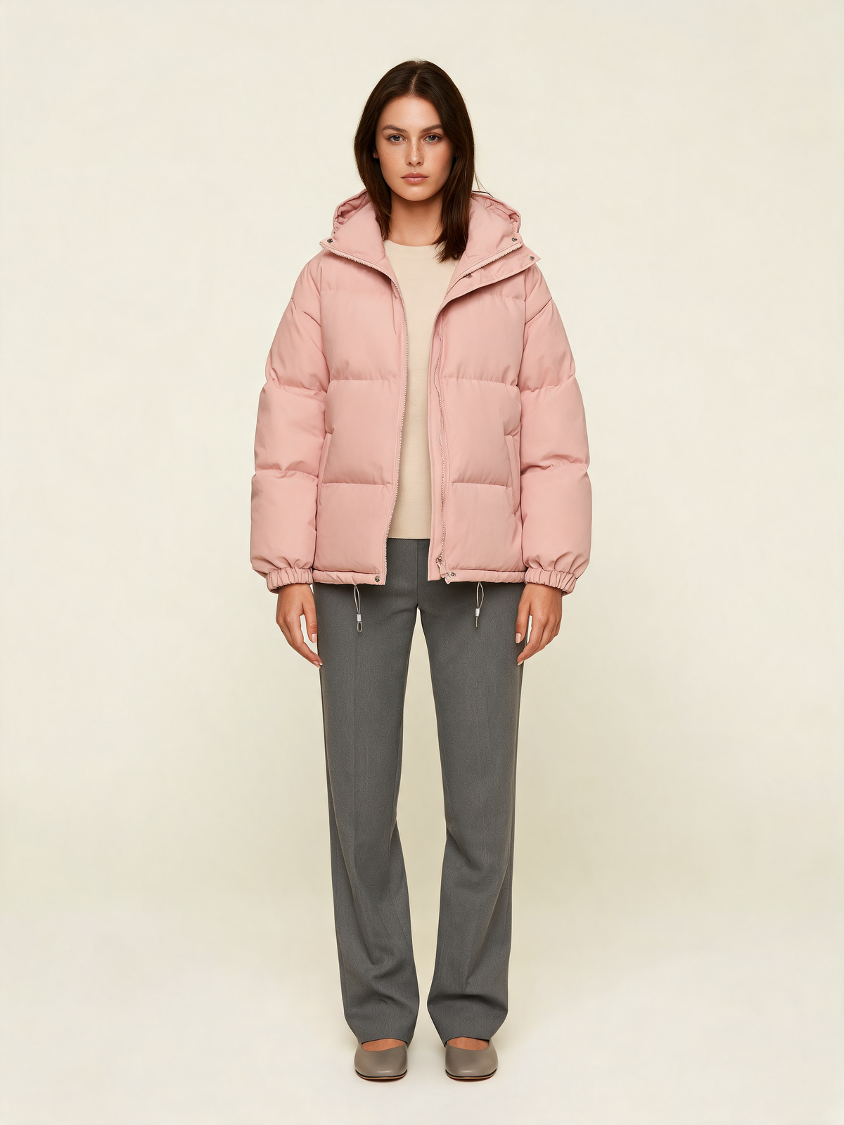 Pink hooded puffer jacket – front view