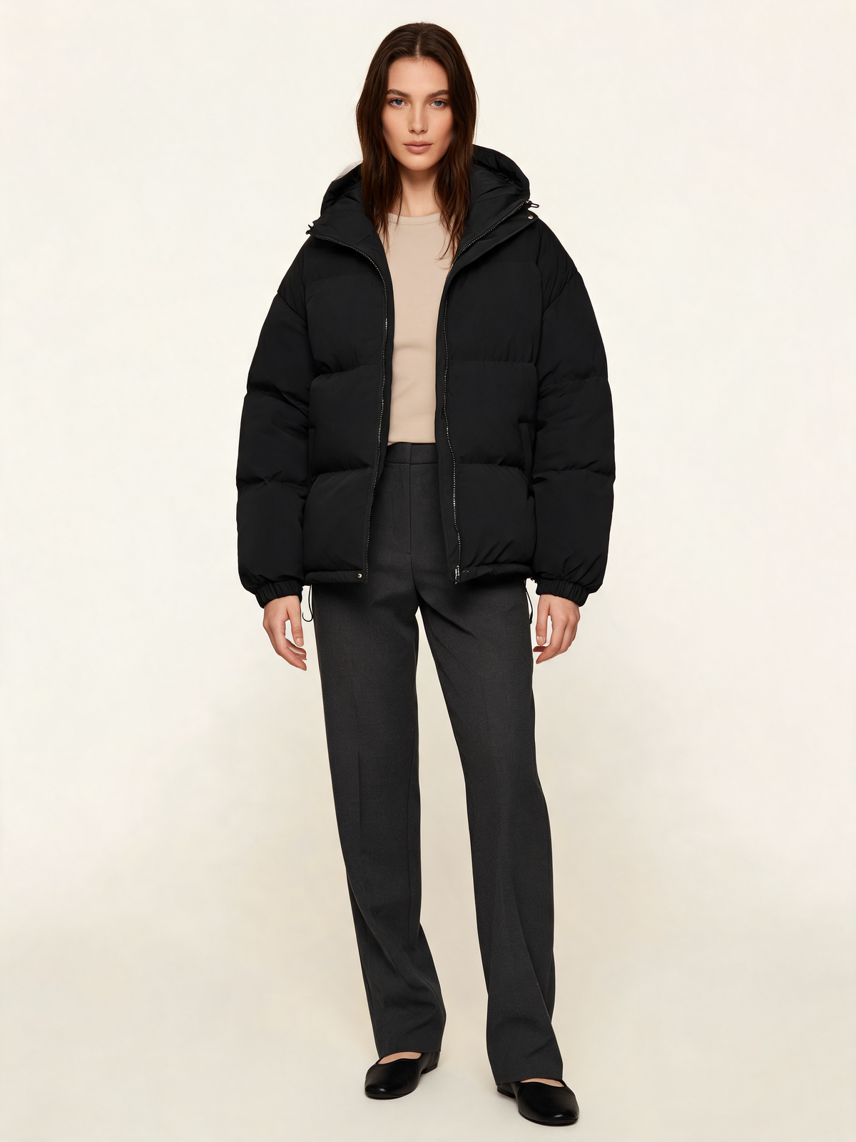 Black hooded puffer jacket – front view
