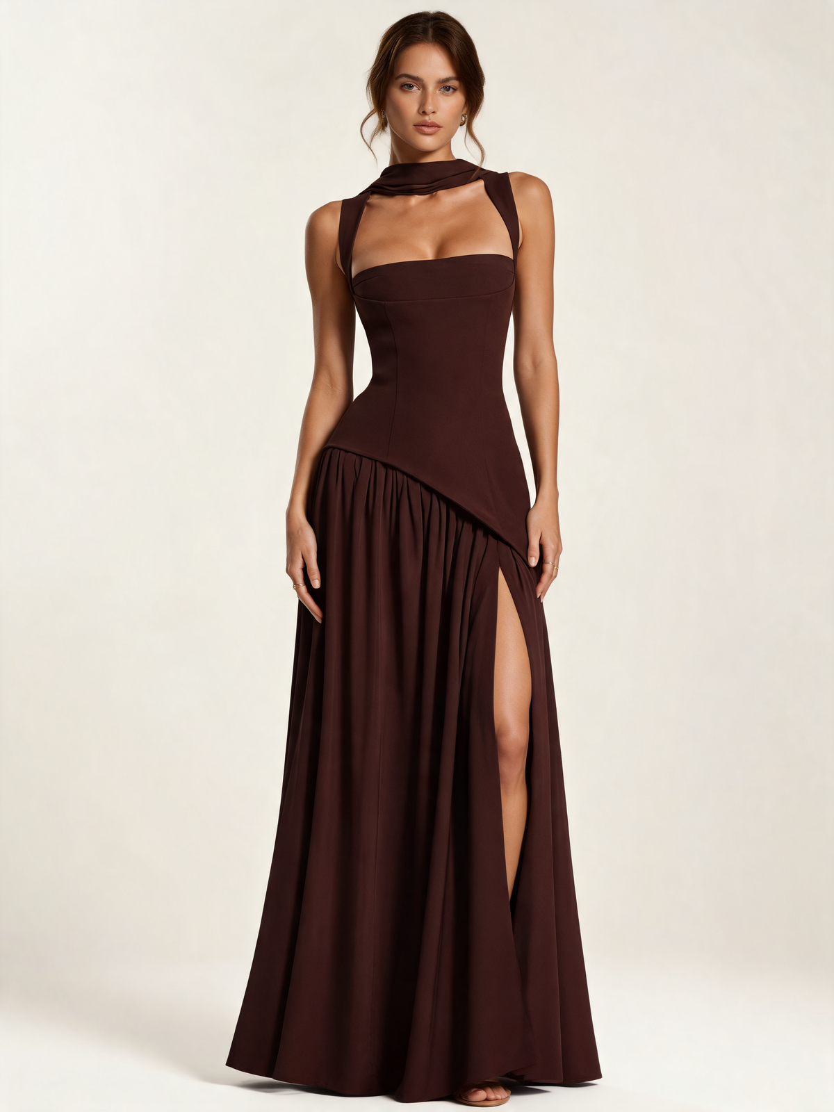 Brown corset maxi dress – front view