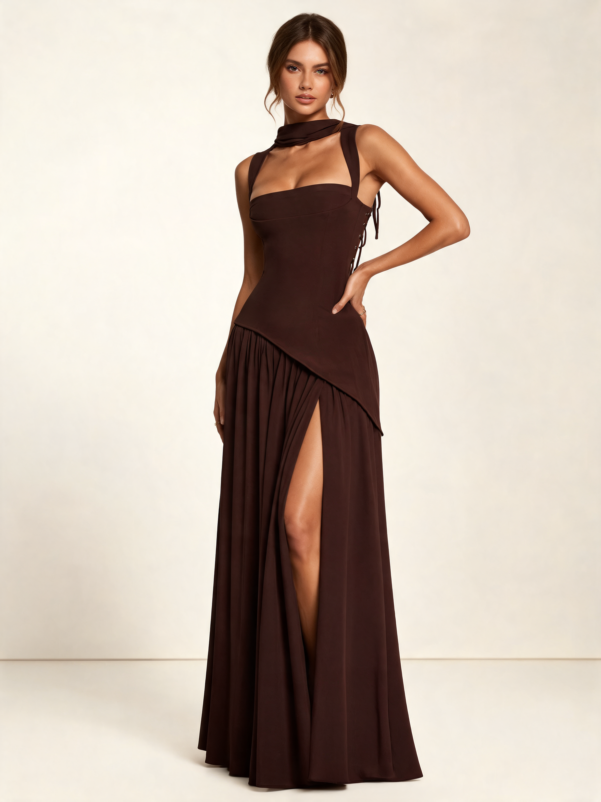 Brown corset maxi dress – three-quarter view