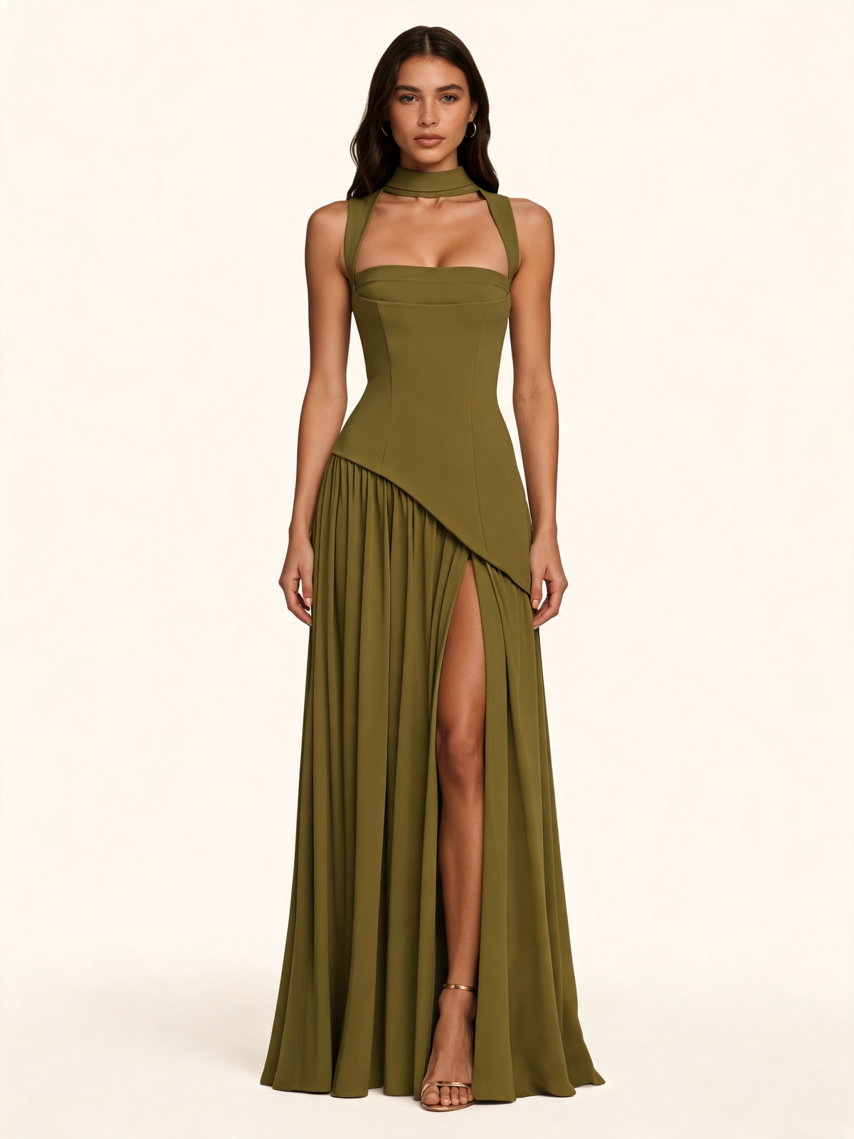 Olive corset maxi dress – front view