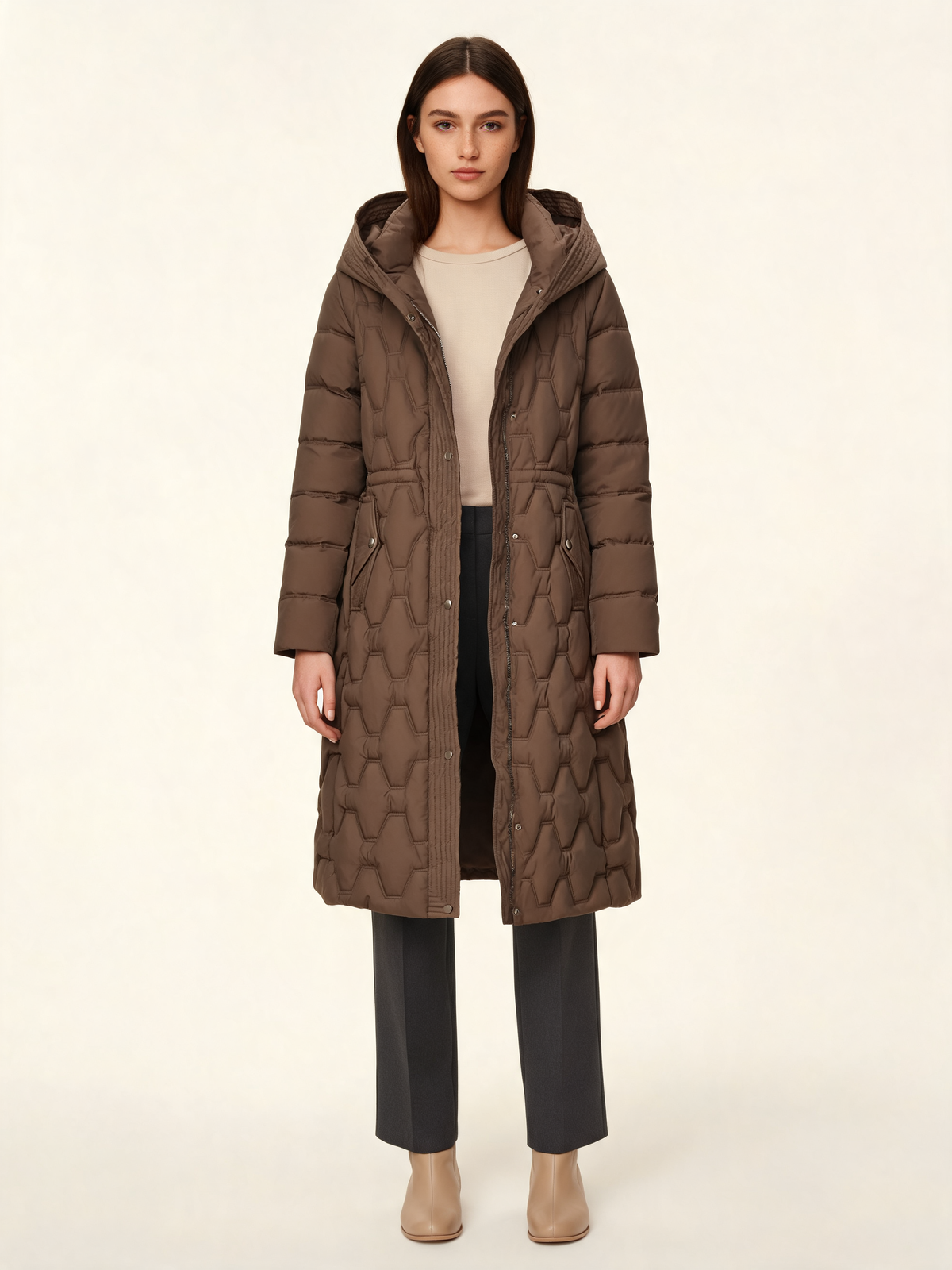 Brown ladies padded coat front view