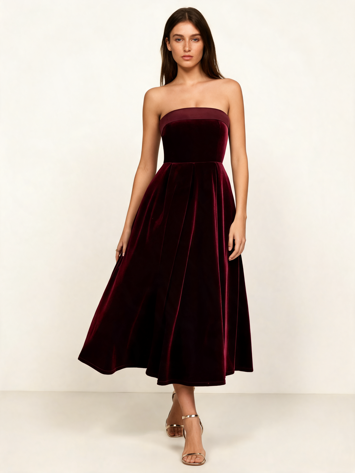 Burgundy christmas party dress walking view