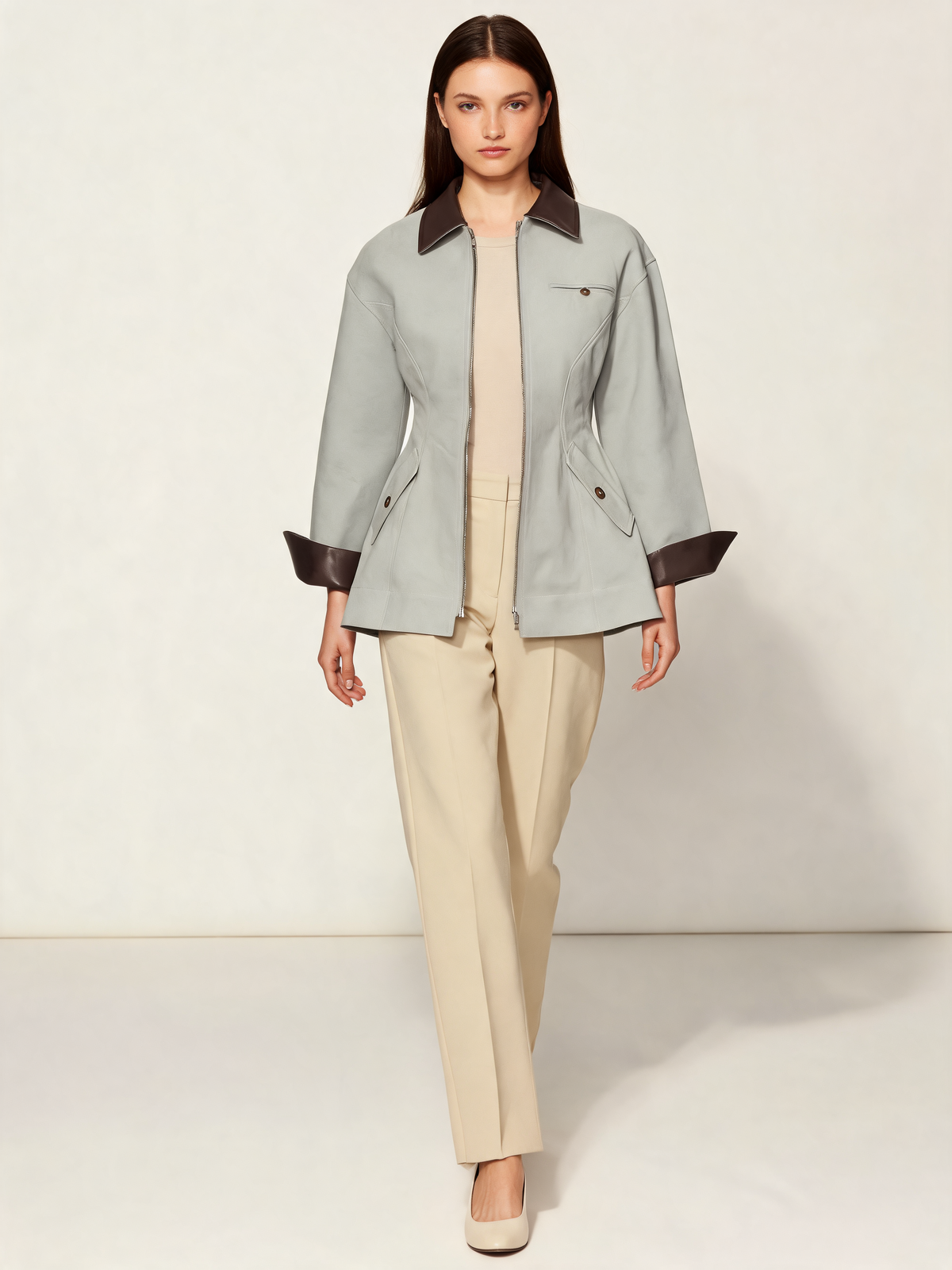 Sage grey womens jacket walking view