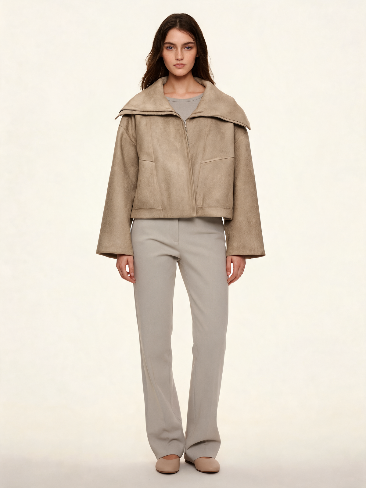 Light beige bomber jacket women front view