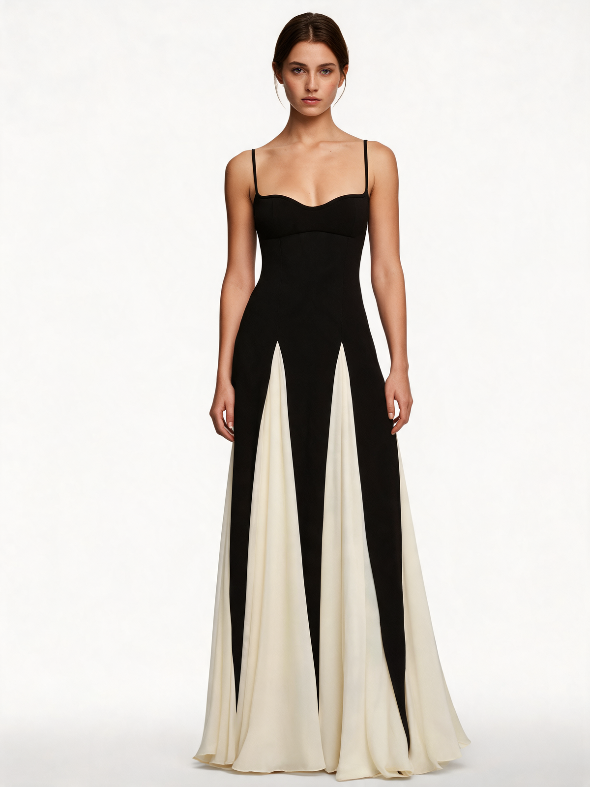 Black and cream evening dress front view