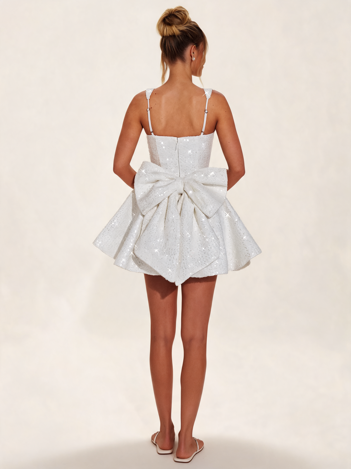 Ivory sequin tweed christmas party dress, back view with bow