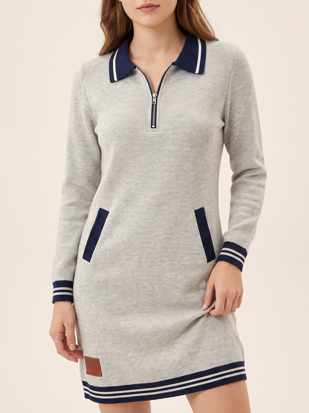 Grey long sleeve dress close-up