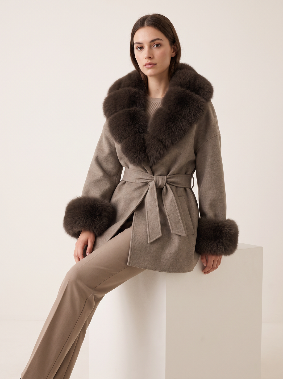 Taupe winter coat - seated