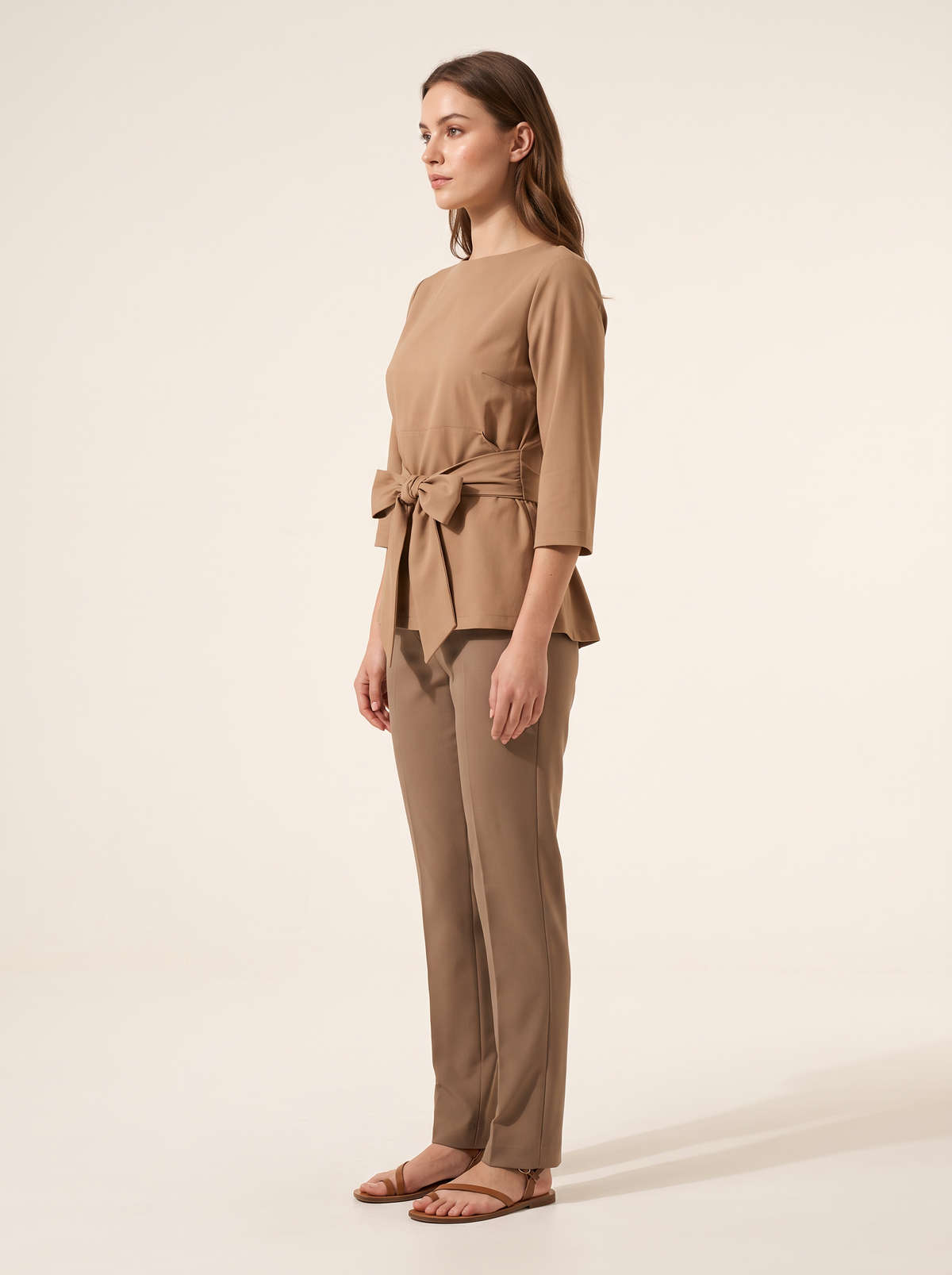 Khaki blouse tie waist bow side view