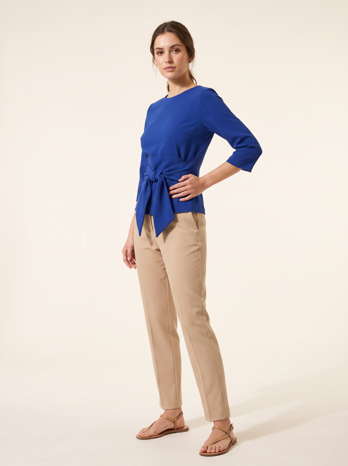 Blue blouse tie waist bow front view