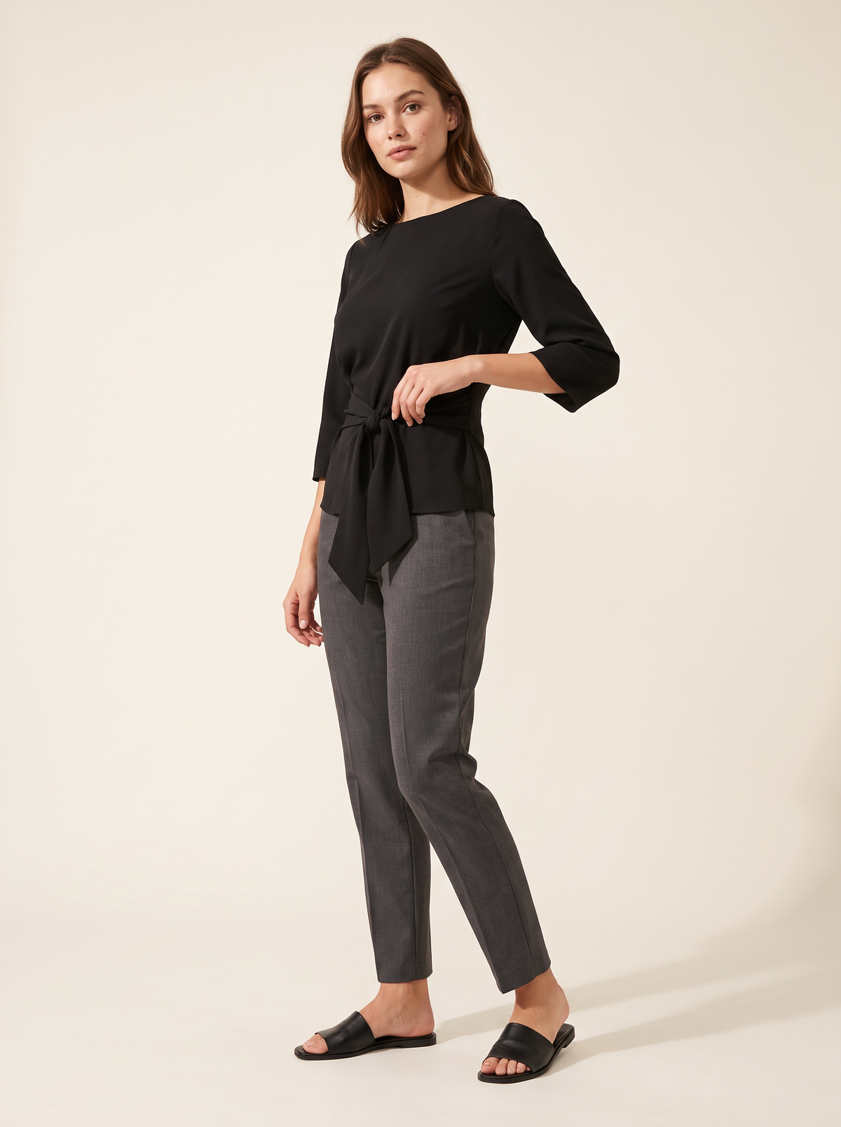 Black blouse tie waist bow front view