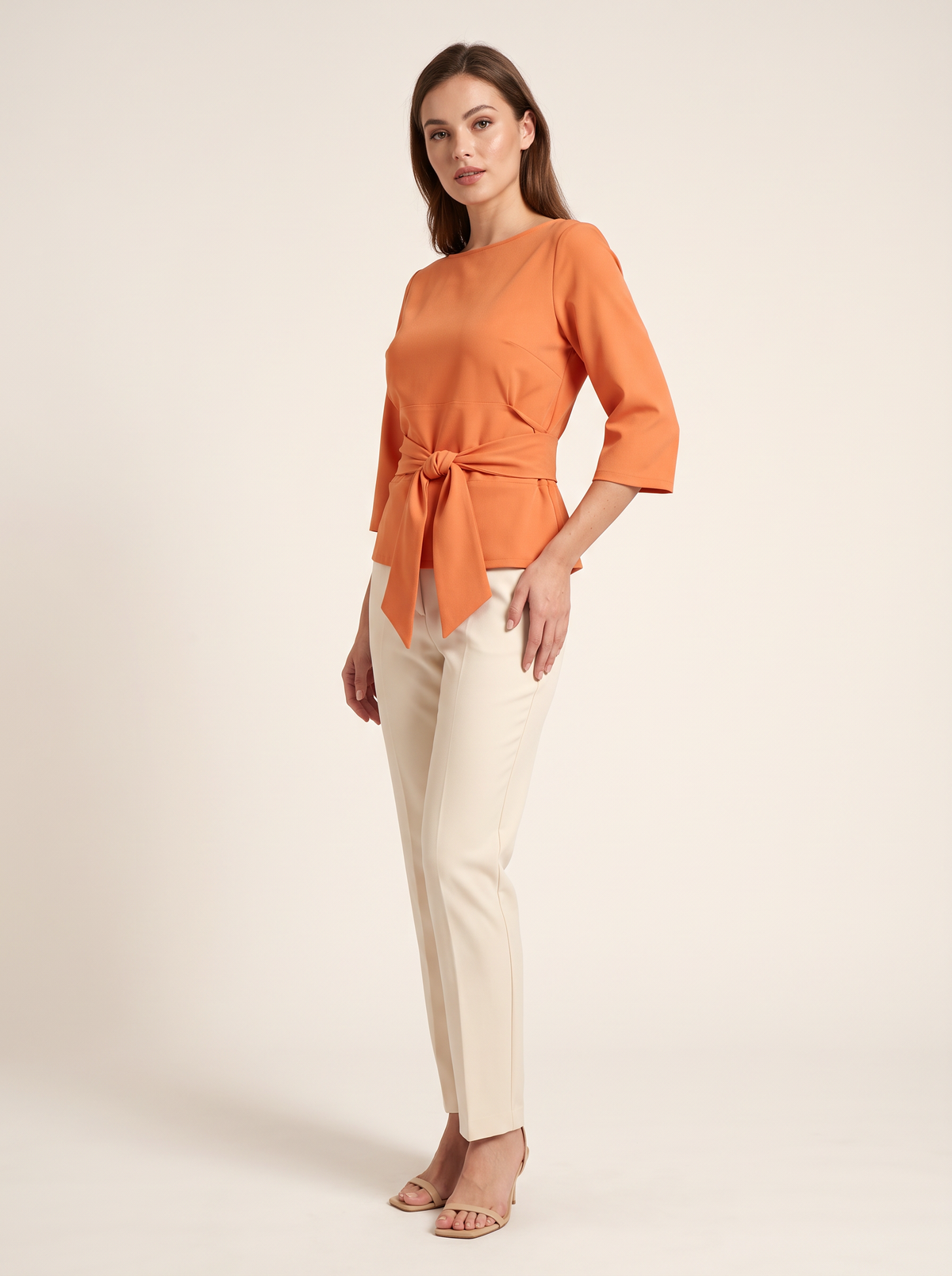 Orange blouse tie waist bow front view