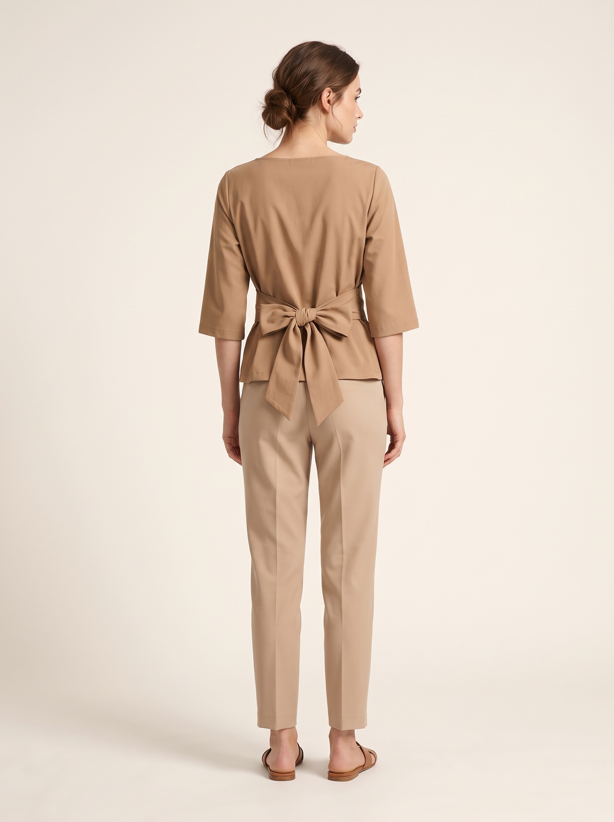 Khaki blouse tie waist bow back view