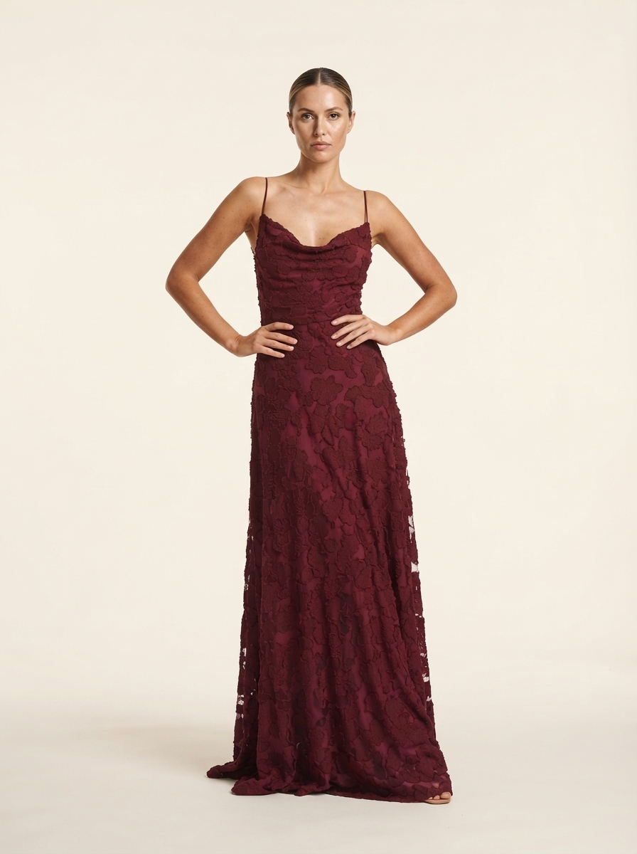 Elodie Burgundy Textured Overlay Maxi Dress