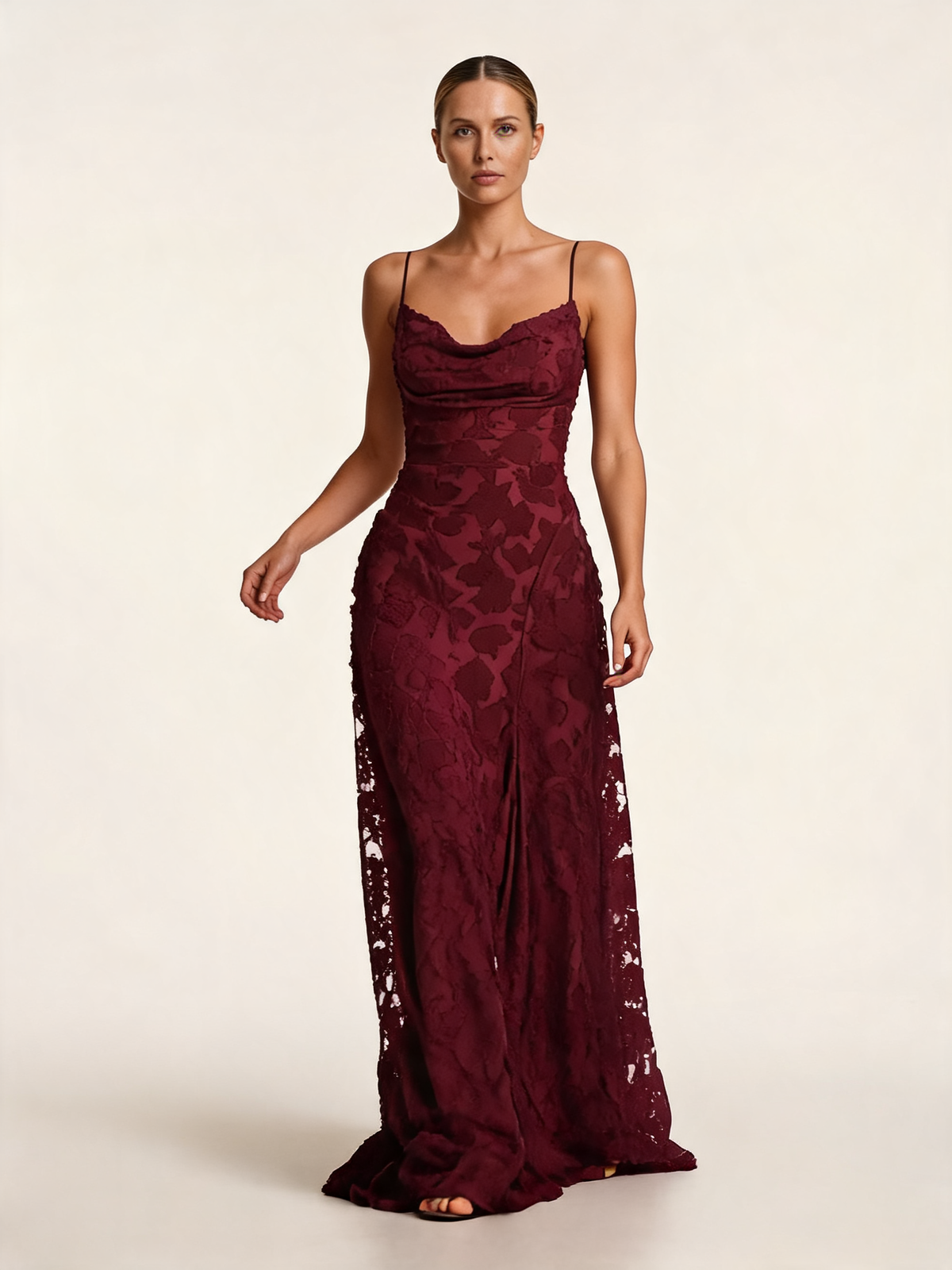 Elodie Burgundy Textured Overlay Maxi Dress