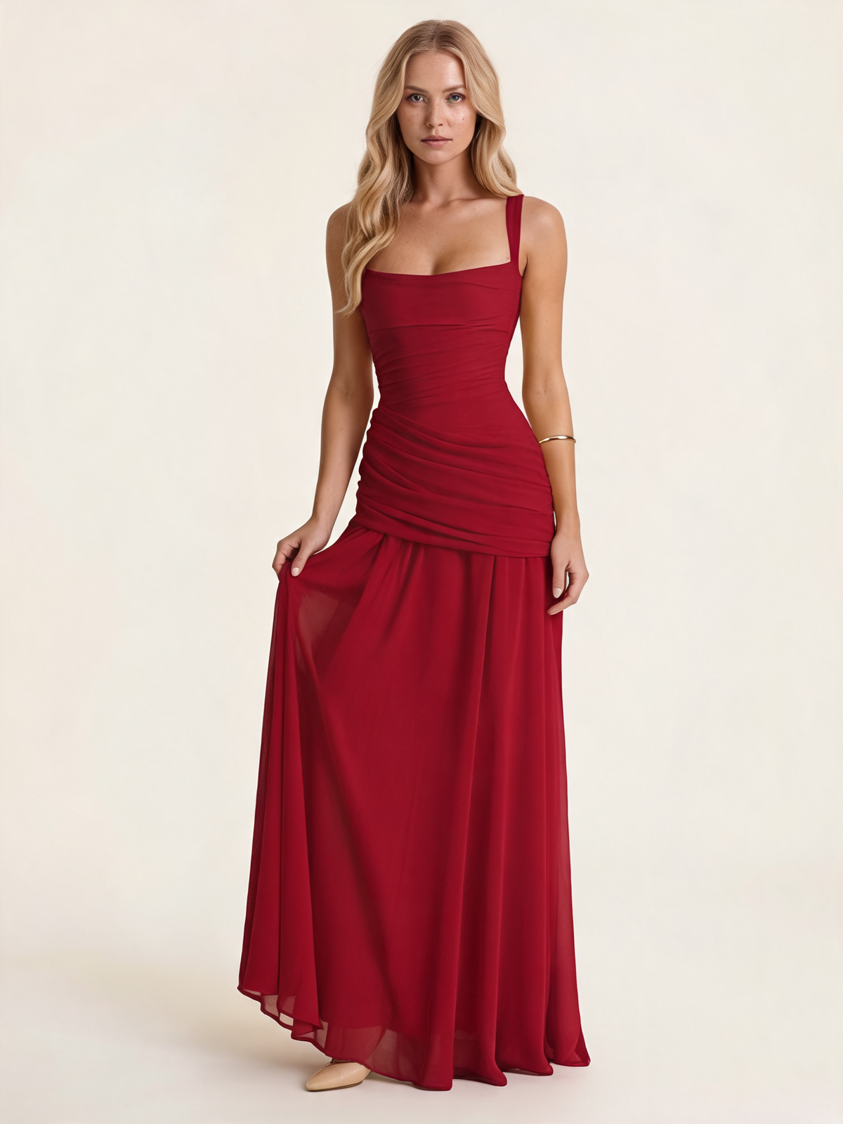 Marguerite Burgundy Ruched Maxi Dress