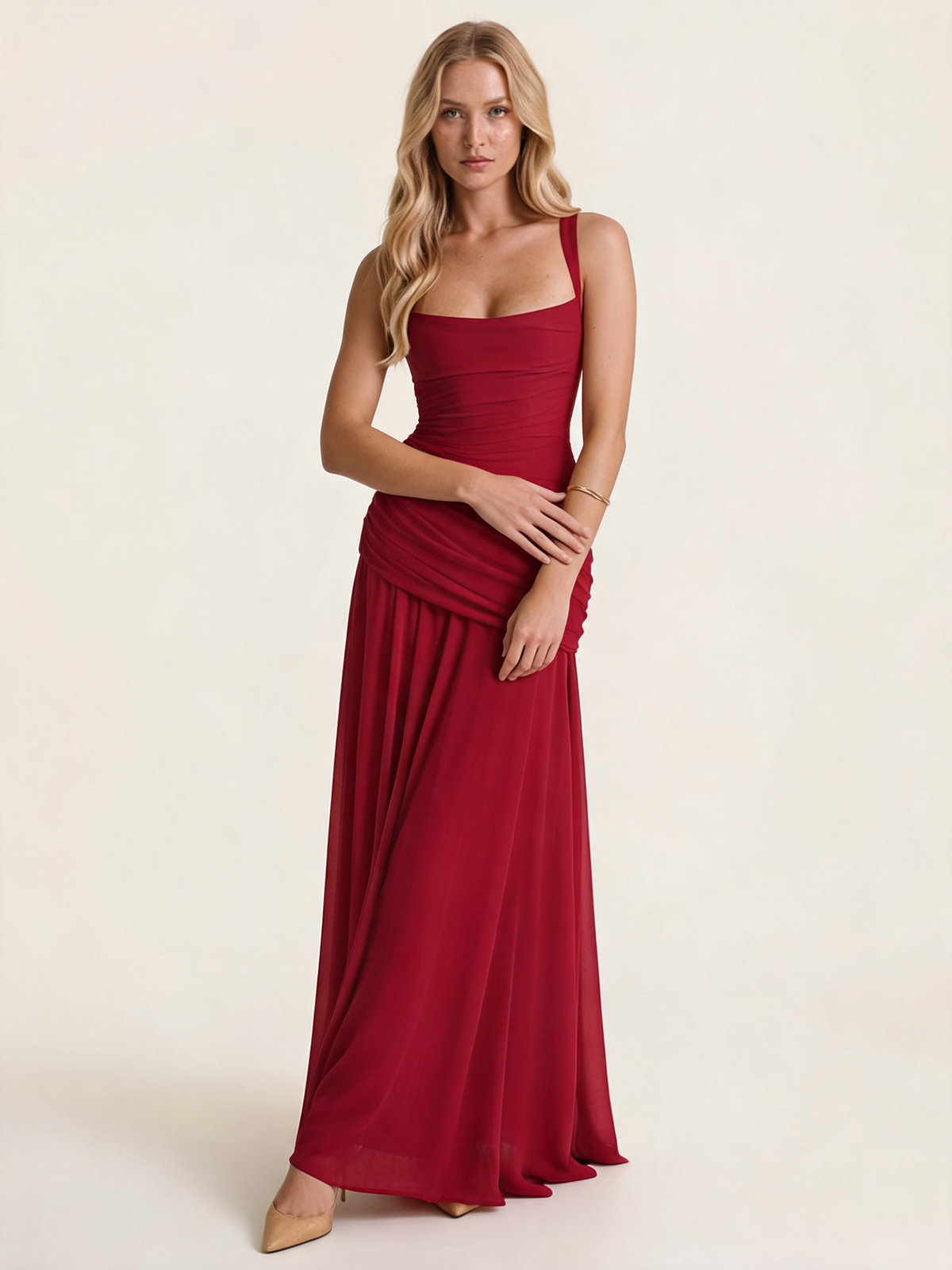 Marguerite Burgundy Ruched Maxi Dress