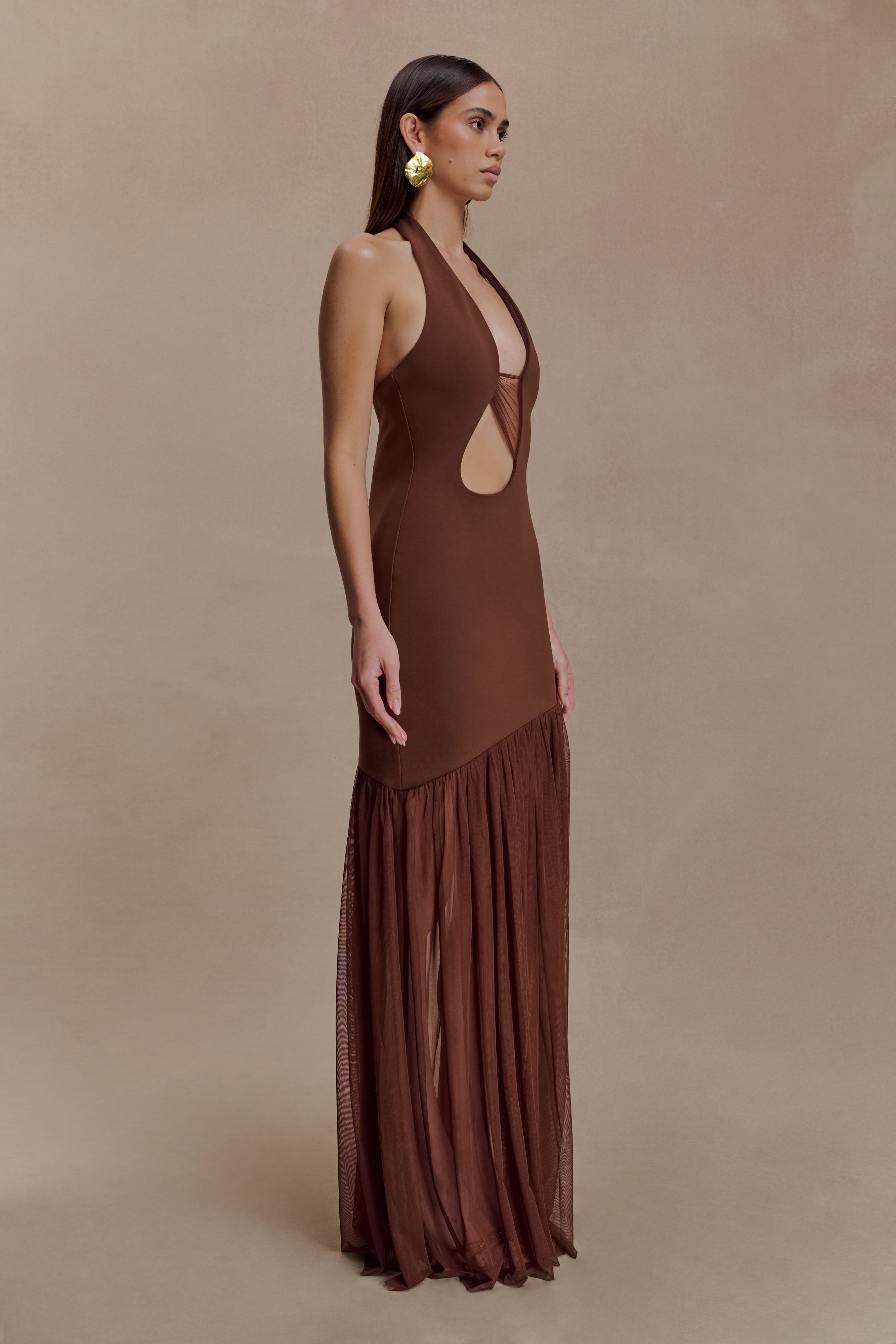 Elowen | Crepe & Mesh Halter Maxi Dress