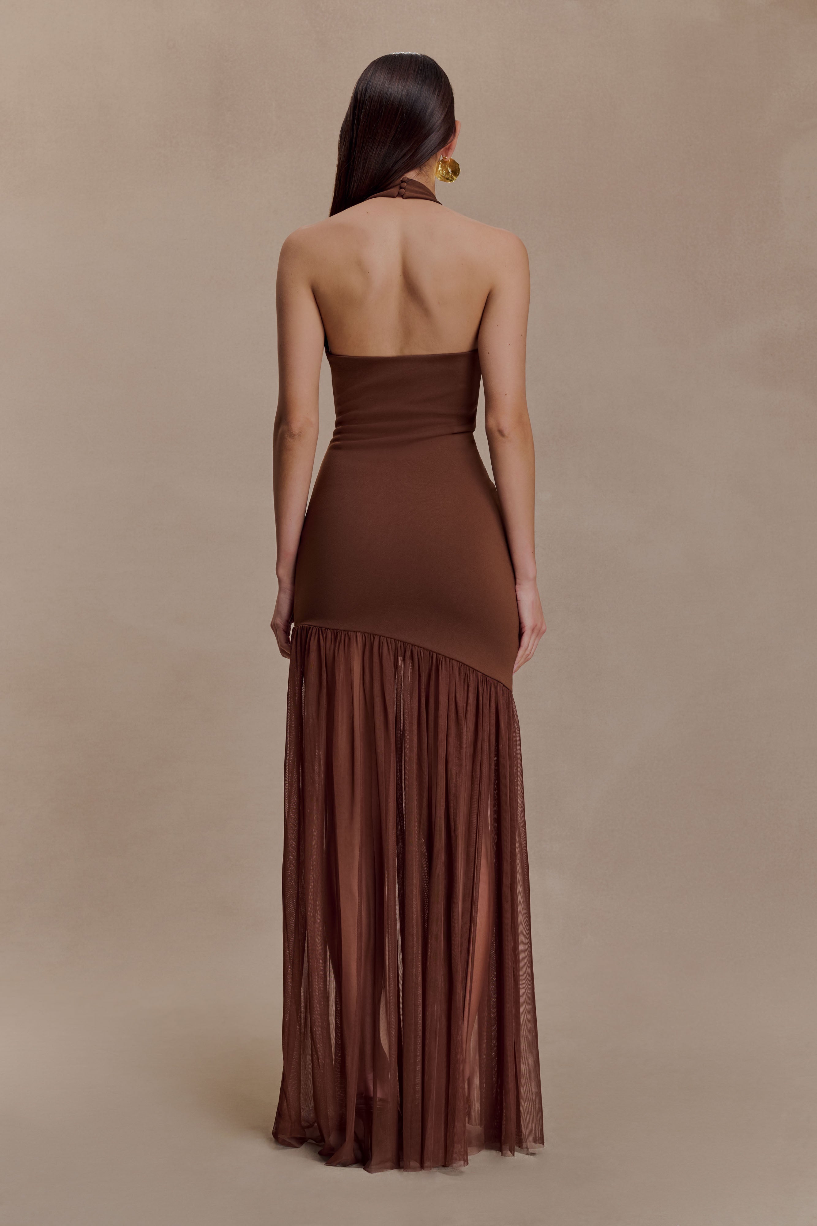 Elowen | Crepe & Mesh Halter Maxi Dress